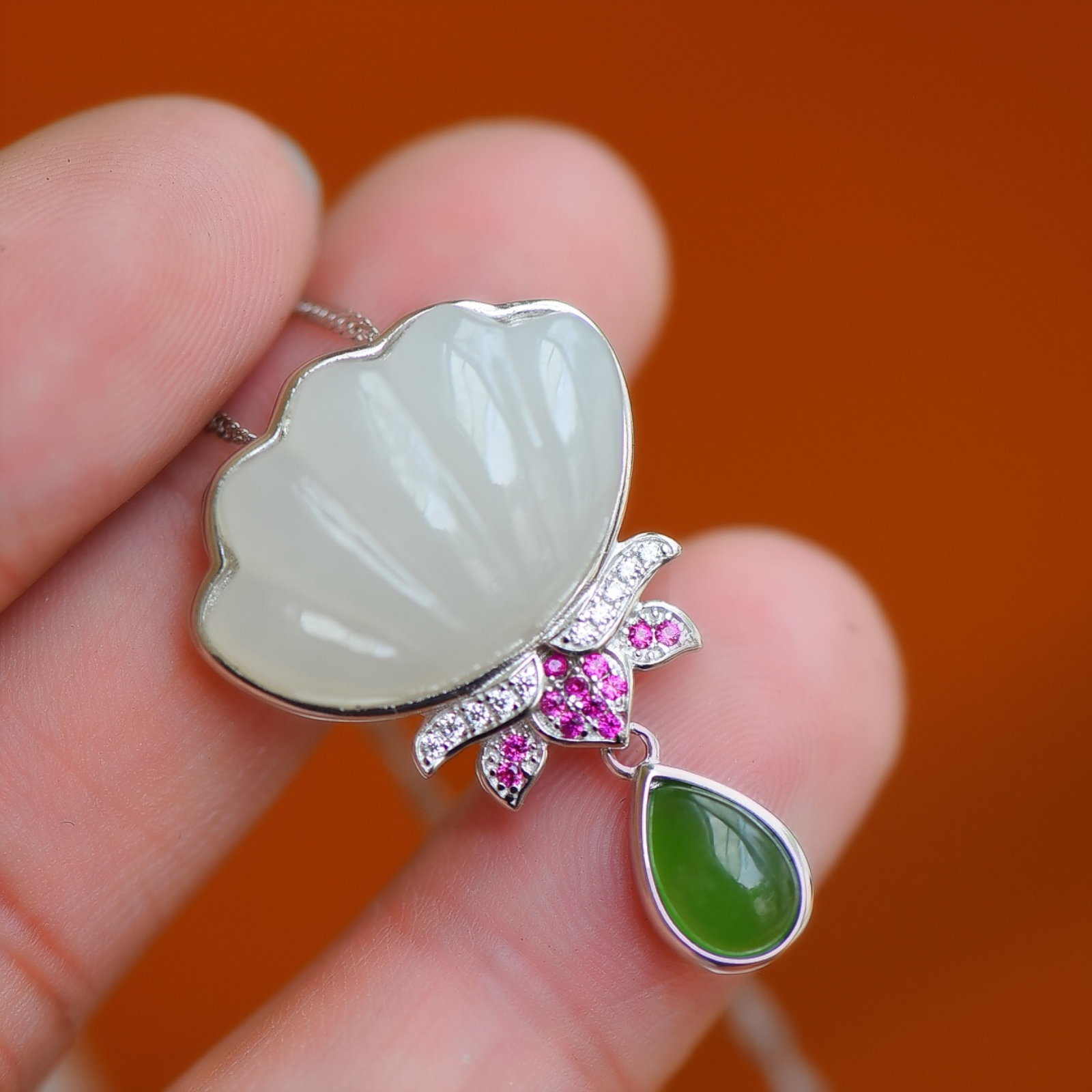 An Exquisite Sterling Silver-Gold Plated Inlaid White Jade Pendant,Inlaid Jasper and Gems - 2