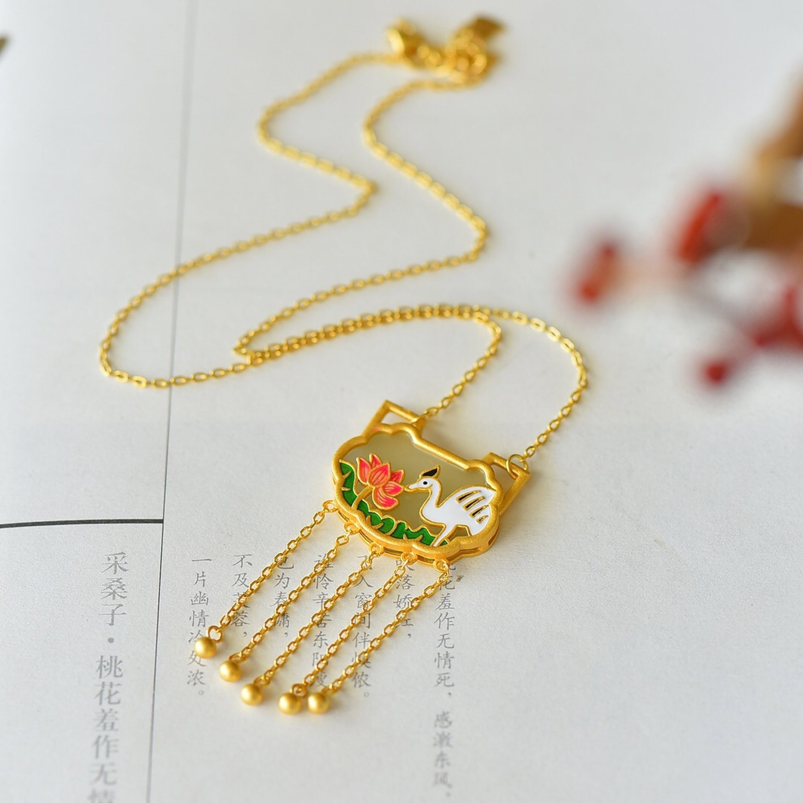 An Exquisite Sterling Silver-Gold Plated Inlaid White Jade Enamel Pendant - 4