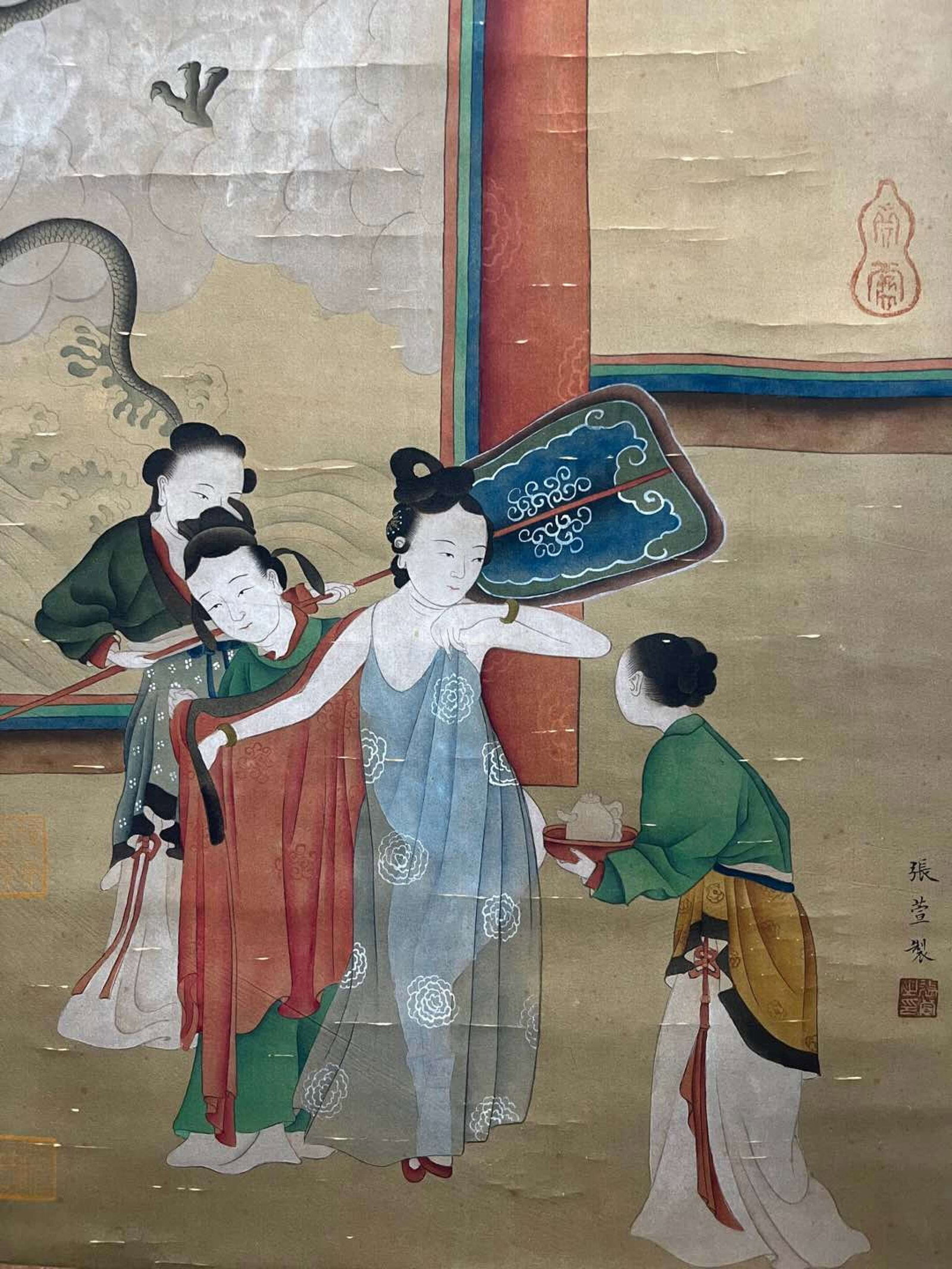 A Chinese Vertical Scroll Ink Painting of Figure on Silk,Zhang Xuan - 4