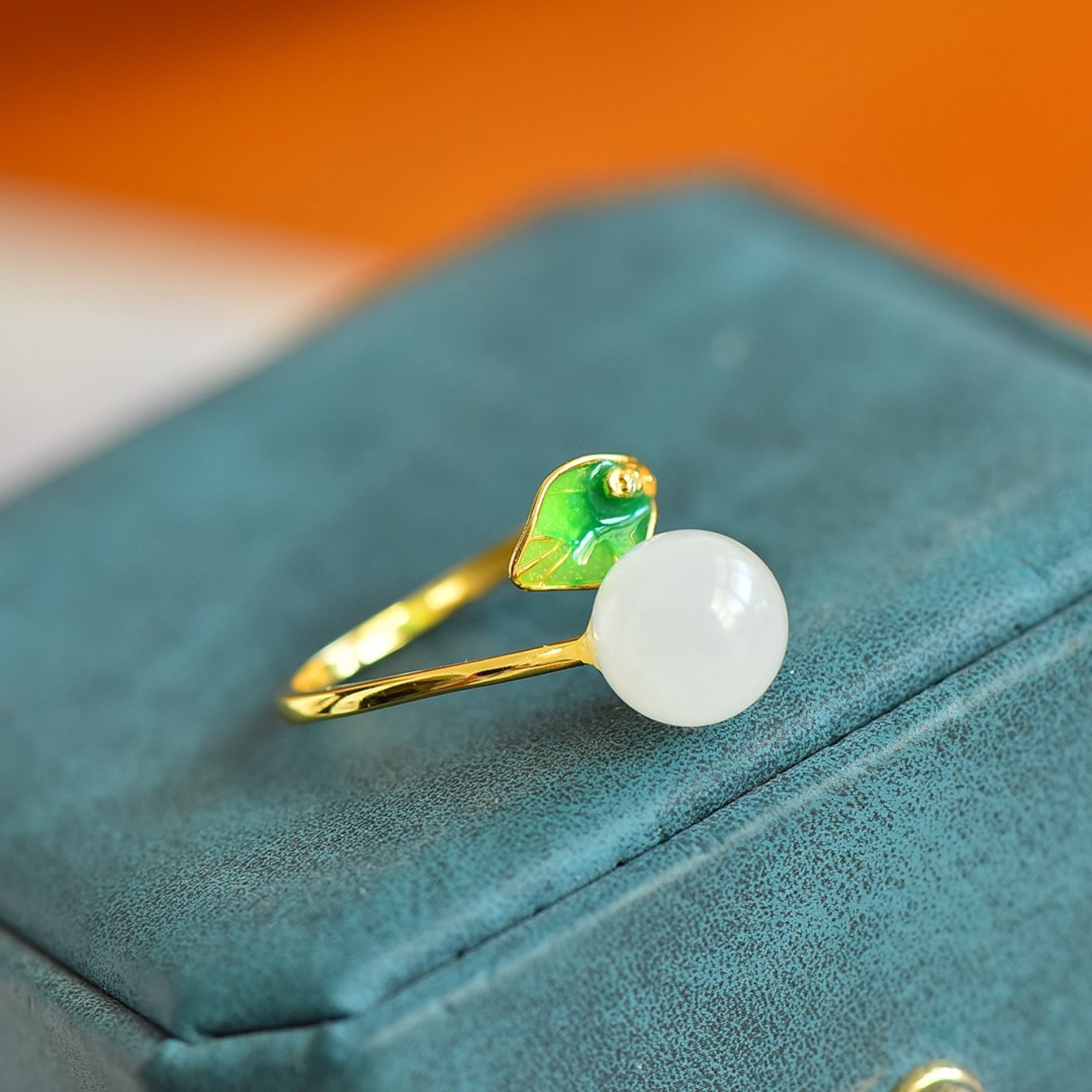 An Exquisite Sterling Silver-Gold Plated Inlaid White Jade Enamel Ring - 2