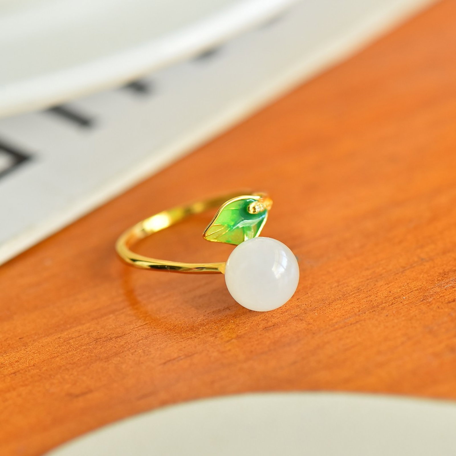 An Exquisite Sterling Silver-Gold Plated Inlaid White Jade Enamel Ring - 3