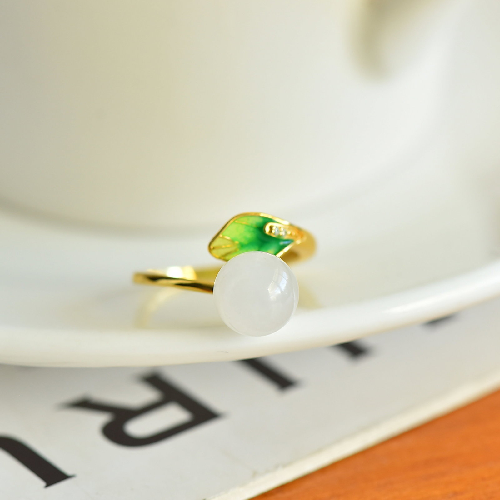 An Exquisite Sterling Silver-Gold Plated Inlaid White Jade Enamel Ring - 4