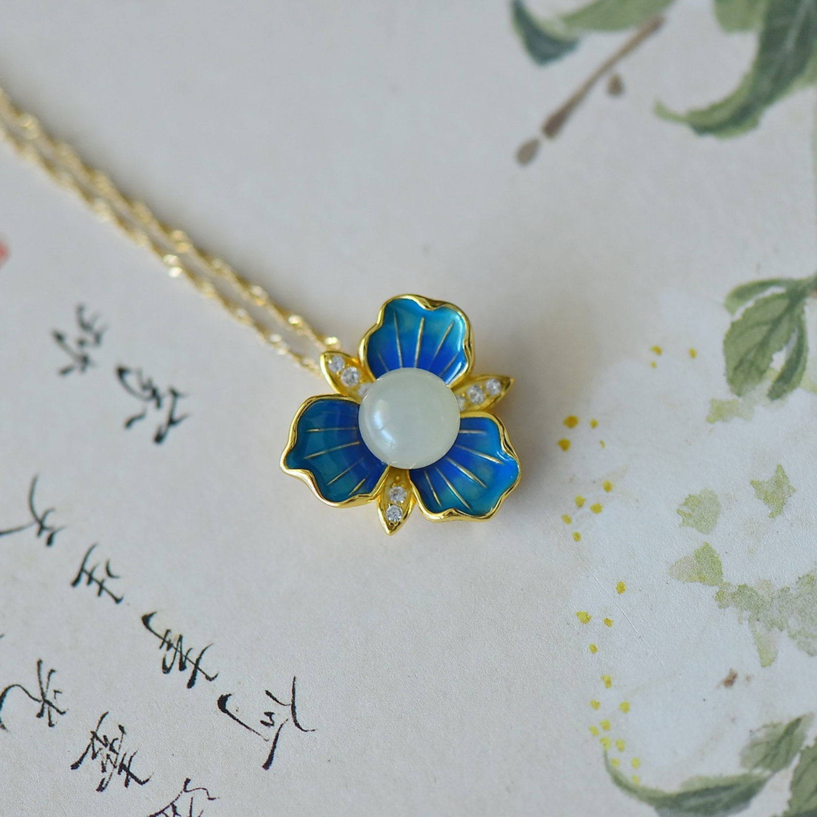 An Exquisite Sterling Silver-Gold Plated Inlaid White Jade Enamel Pendant,Inlaid Diamond - 2
