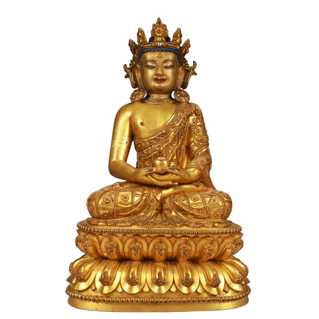 A Solemn Gilt Bronze Statue of Sakyamuni: Estimated Value:11000-22000 A Solemn Gilt Bronze Statue of Sakyamuni,Ming Dynasty, China,Yongle Six-character Mark,Size:7.5inx4.3inx12.2in,Weight:5700g 铜鎏金如来像