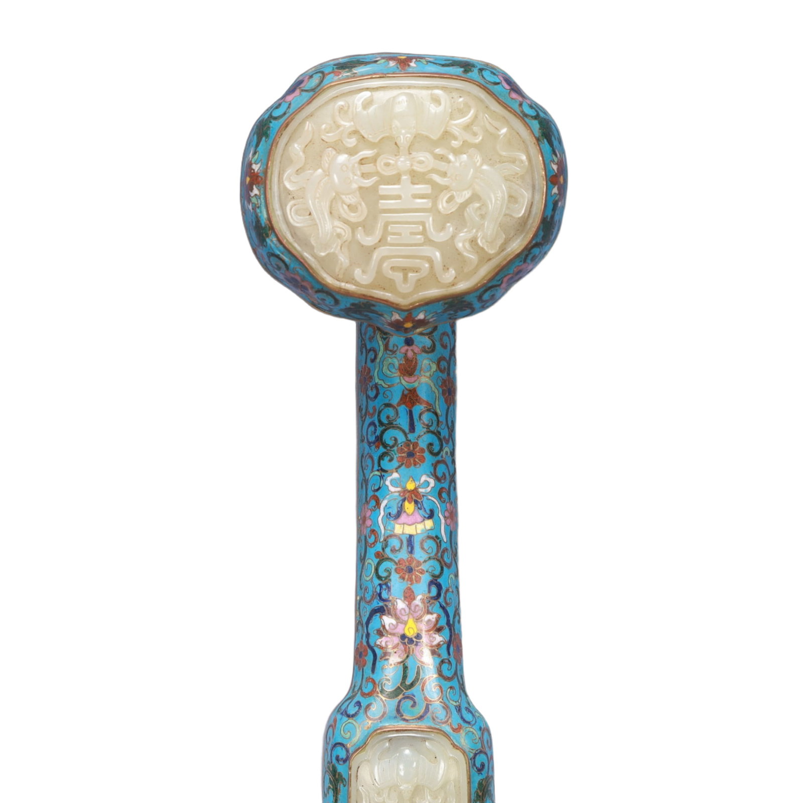 A Huge Cloisonne Inlaid White Jade Bats and Peach Pattern Ruyi - 2