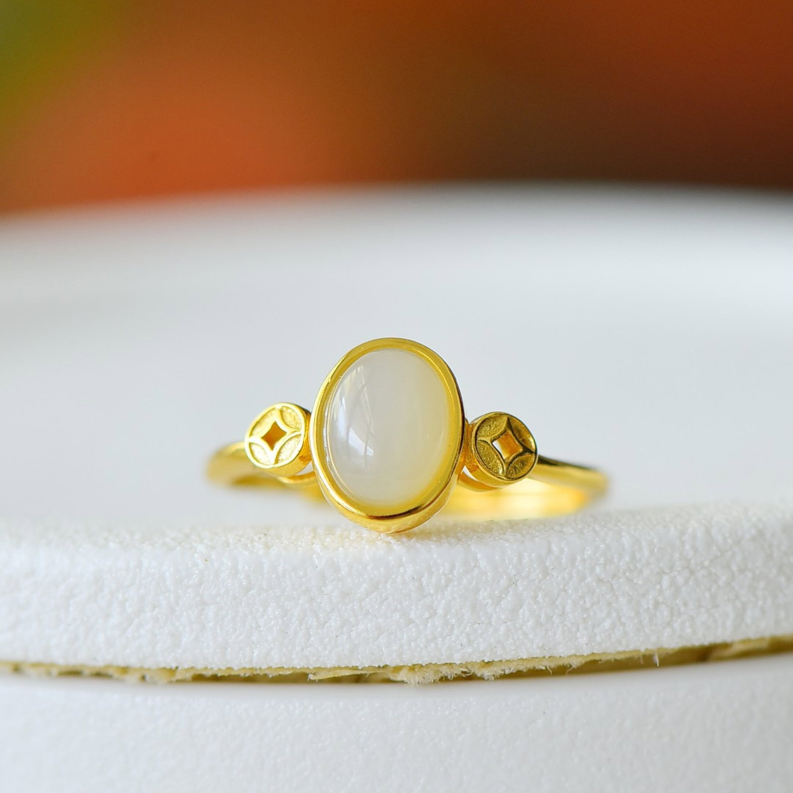 An Exquisite Sterling Silver-Gold Plated Inlaid White Jade Ring - 2