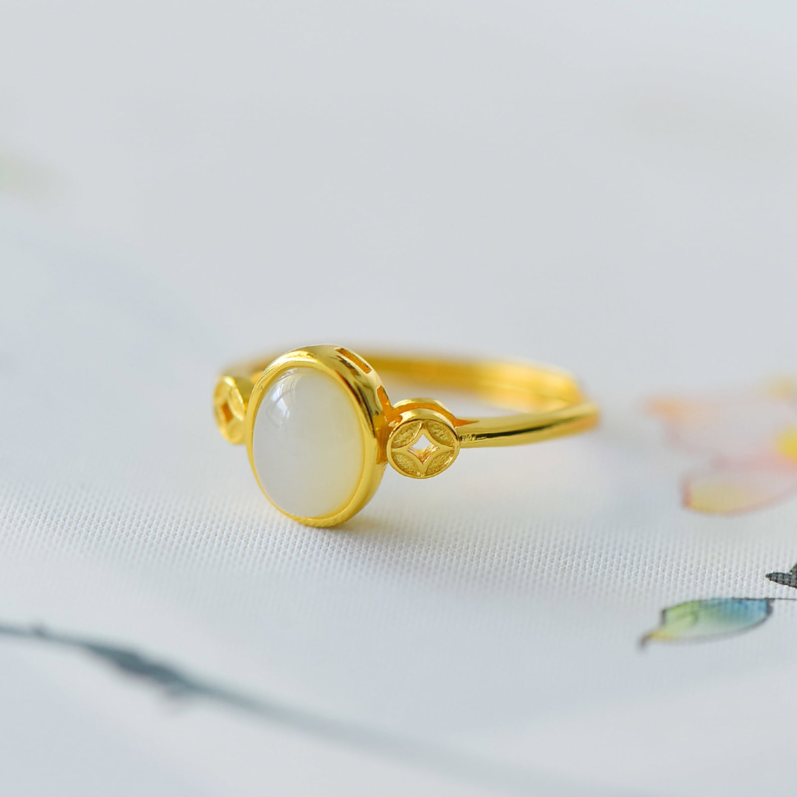 An Exquisite Sterling Silver-Gold Plated Inlaid White Jade Ring - 3