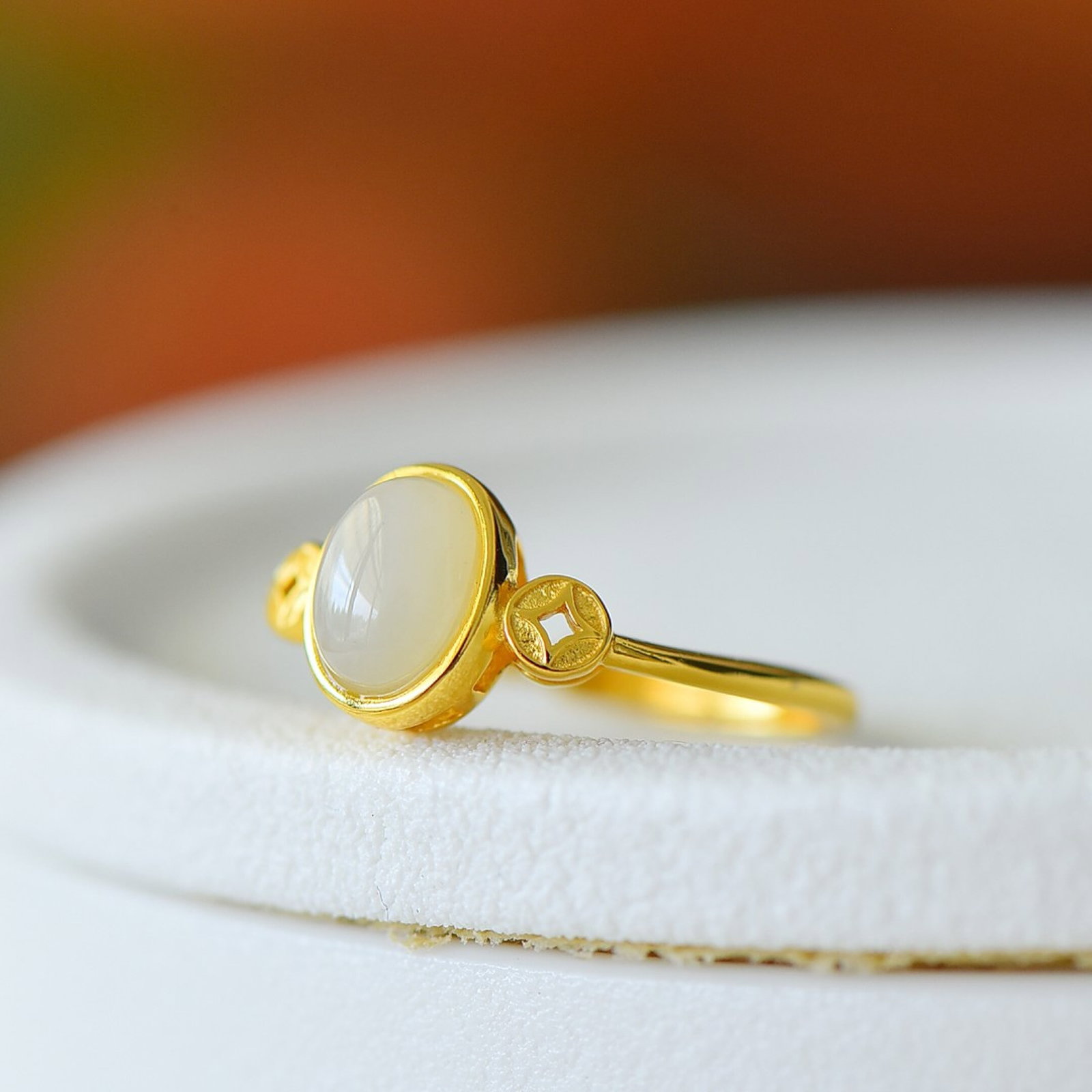 An Exquisite Sterling Silver-Gold Plated Inlaid White Jade Ring - 4