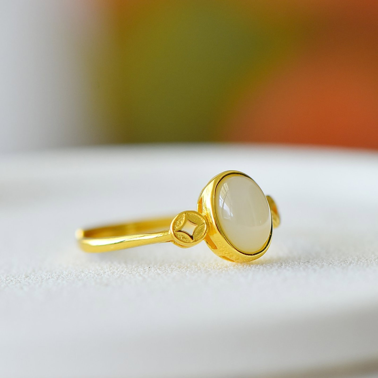 An Exquisite Sterling Silver-Gold Plated Inlaid White Jade Ring - 5