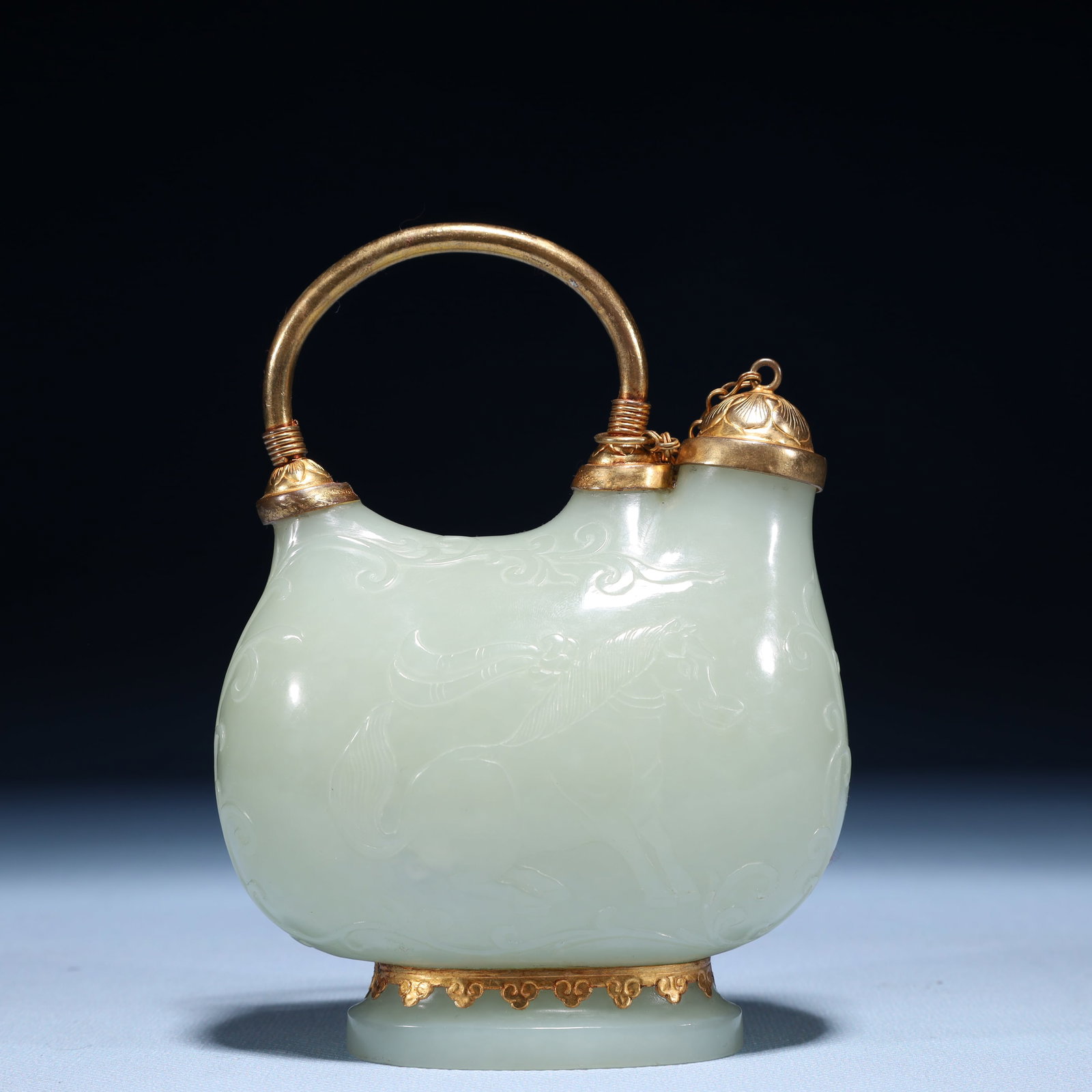 An Exquisite White Jade Cover with Gold Horse Pattern Pot - 6