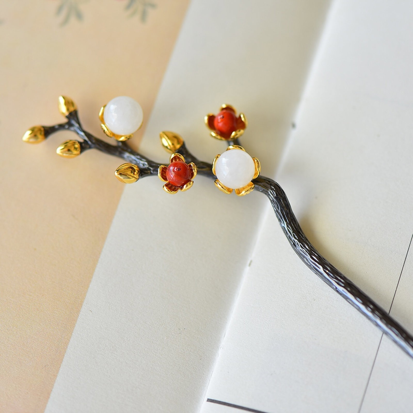 An Exquisite Sterling Silver-Gold Plated Inlaid White Jade Hairpin - 5