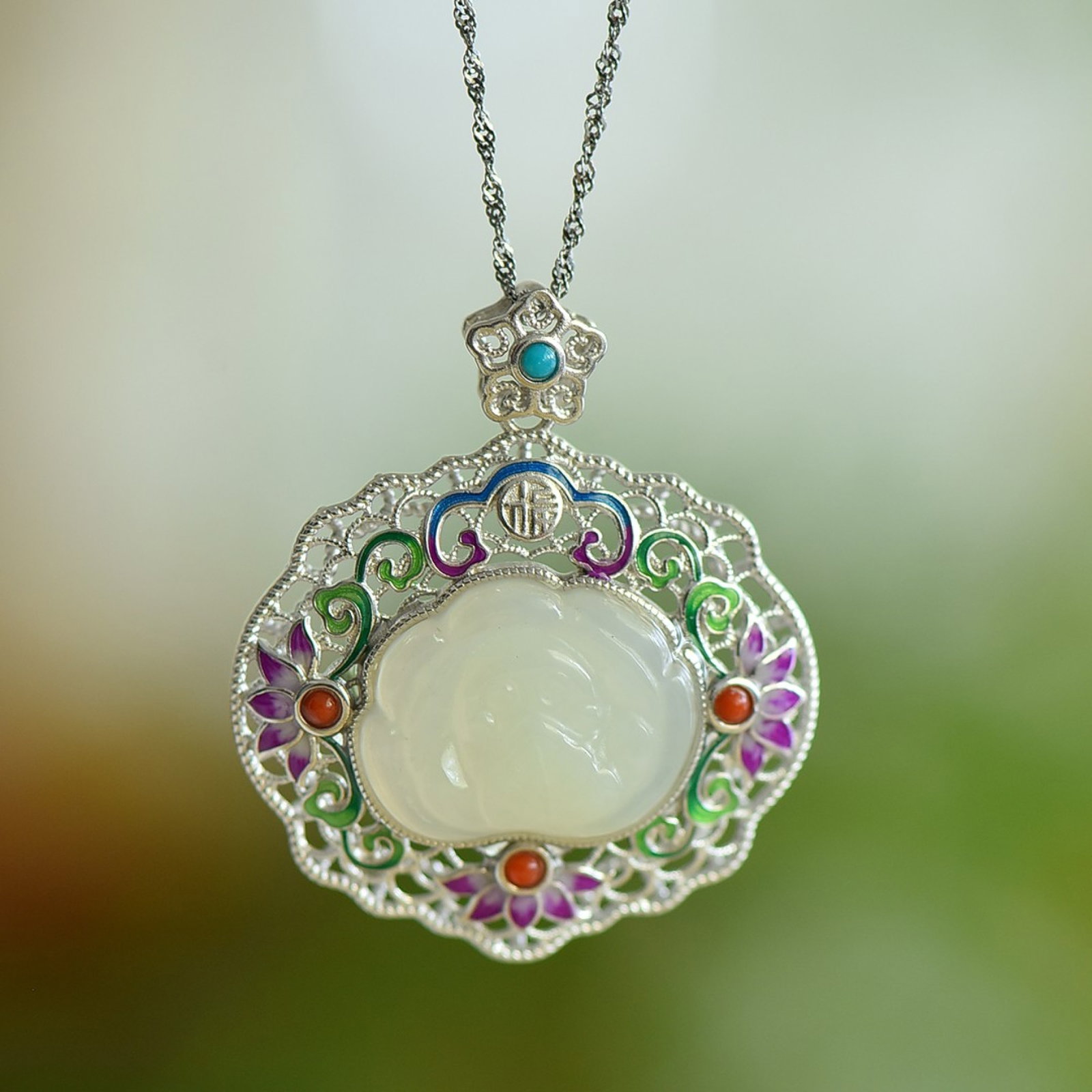 An Exquisite Sterling Silver Inlaid White Jade Pendant - 4