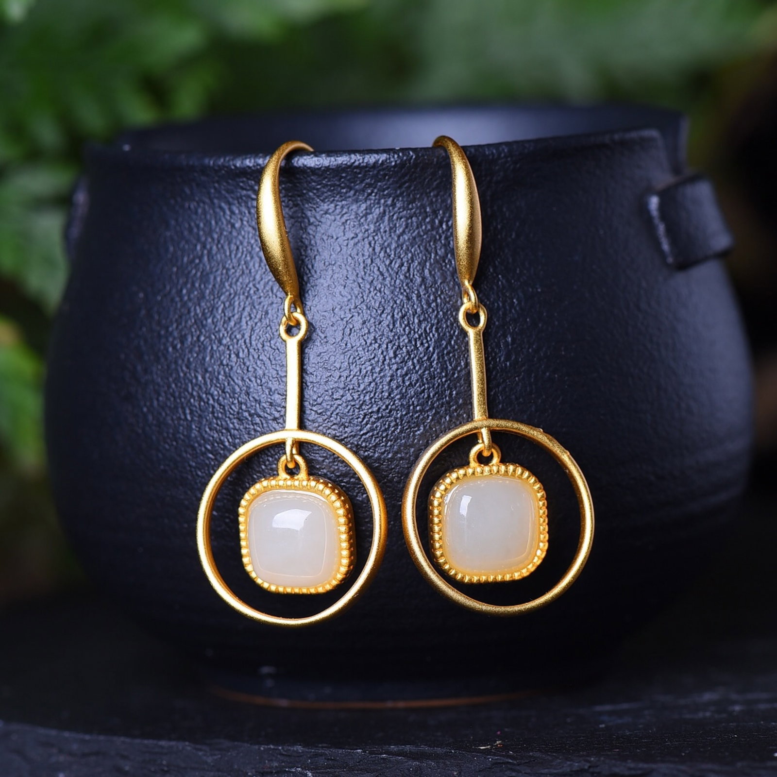 A Pair of Exquisite Sterling Silver-Gold Plated Inlaid White Jade Earrings - 2