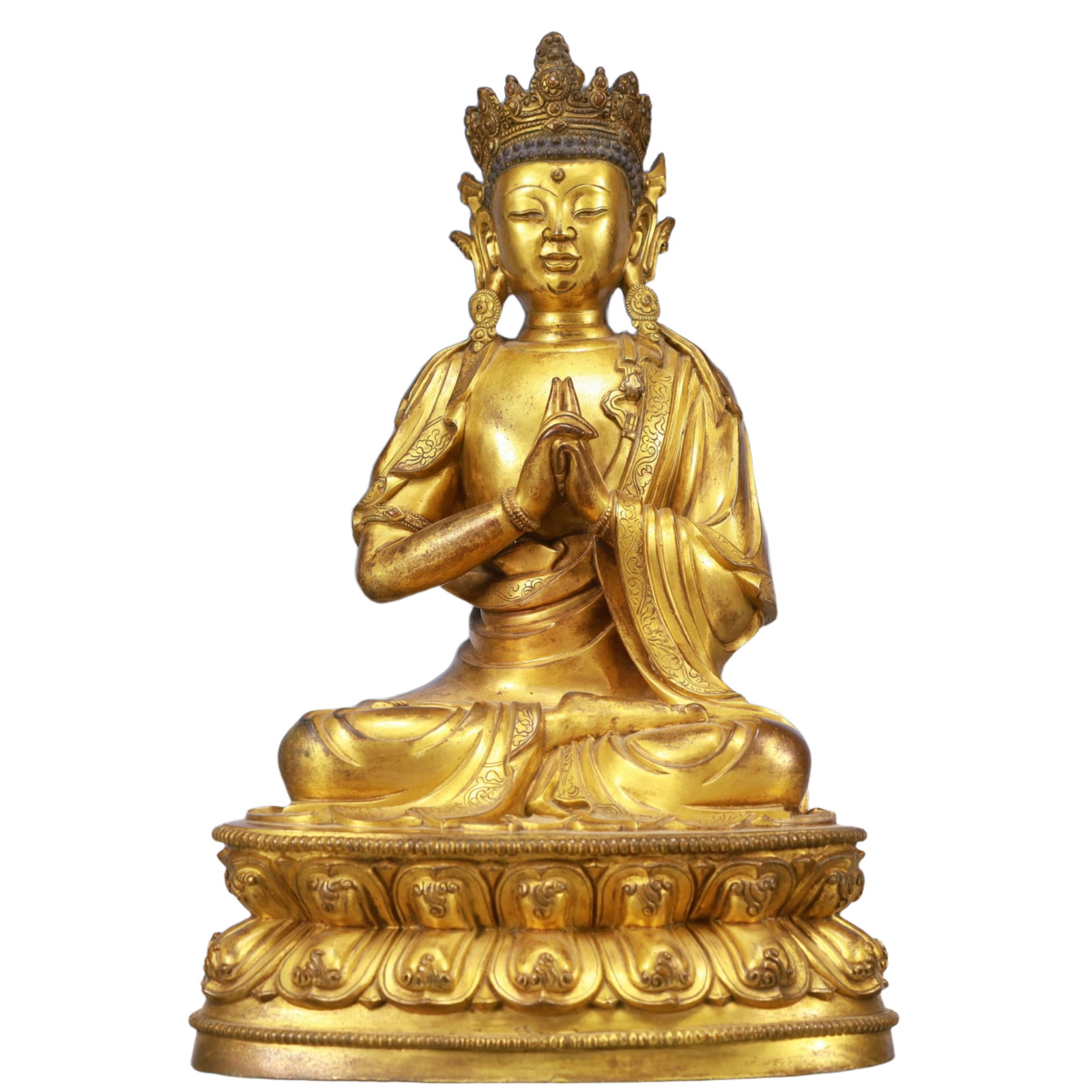 A Solemn Gilt Bronze Statue of Sakyamuni: Estimated Value:6800-13600 A Solemn Gilt Bronze Statue of Sakyamuni,Qing Dynasty, China,Size:7.9inx6.3inx13in,Weight:6700g