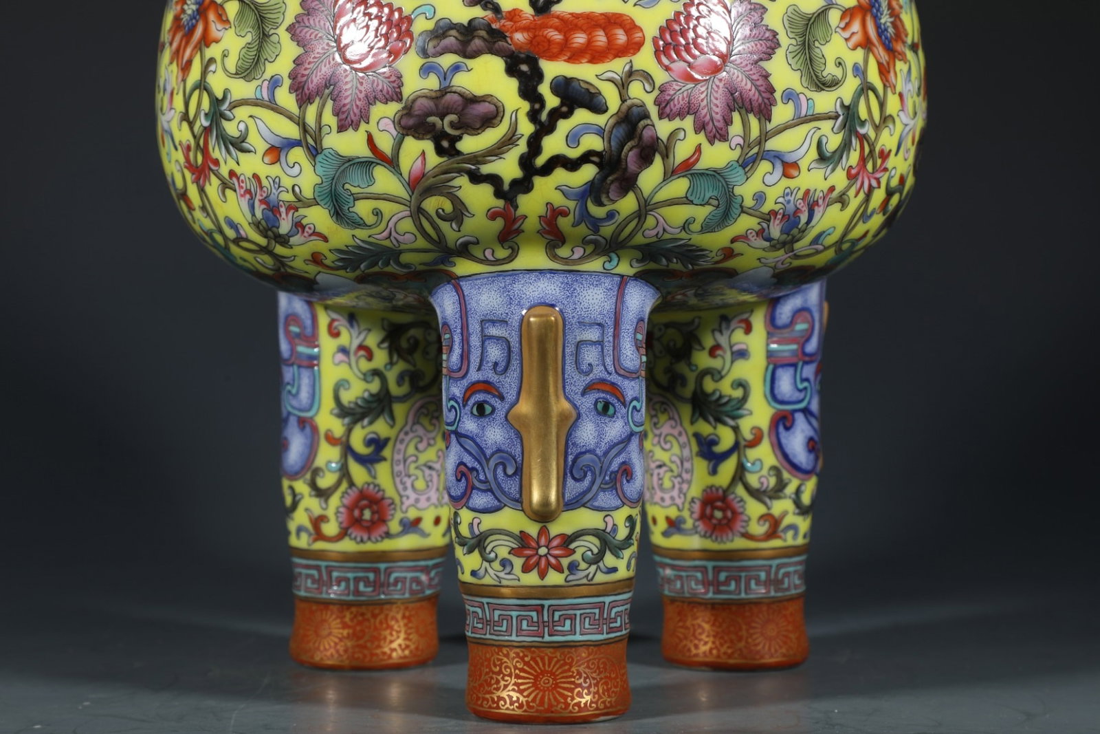 A Rare Yellow Ground Enamel Painted Gold Lotus Pattern Double-Ears Tripod Censer - 3