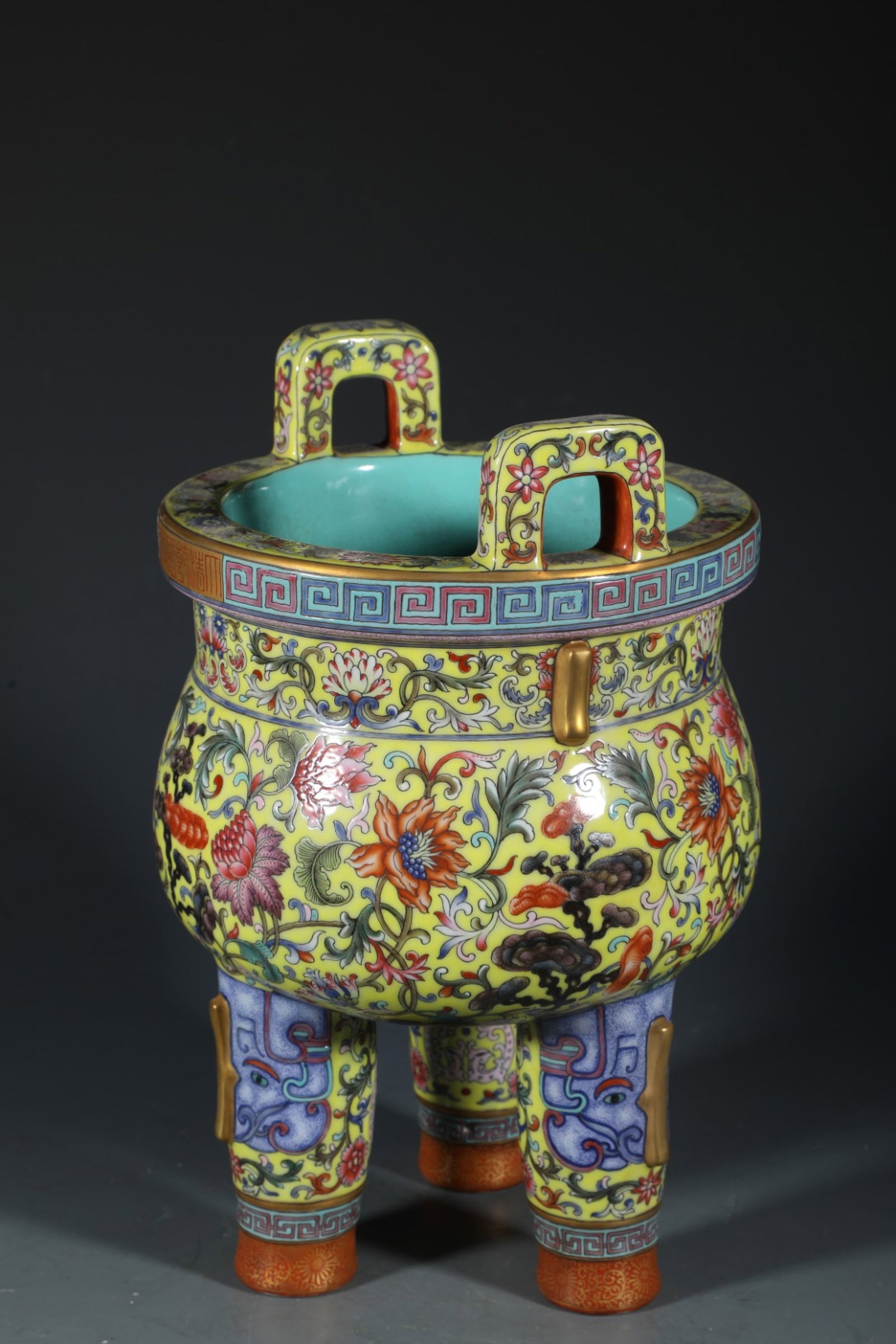 A Rare Yellow Ground Enamel Painted Gold Lotus Pattern Double-Ears Tripod Censer - 4