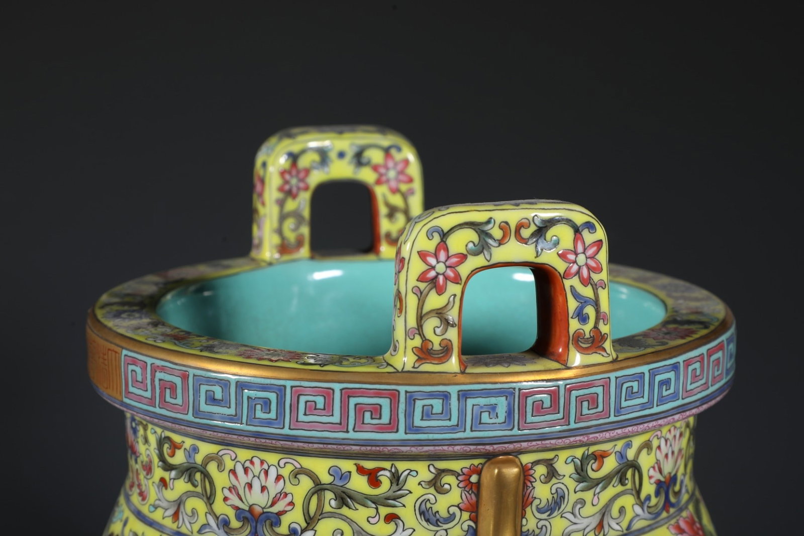 A Rare Yellow Ground Enamel Painted Gold Lotus Pattern Double-Ears Tripod Censer - 5