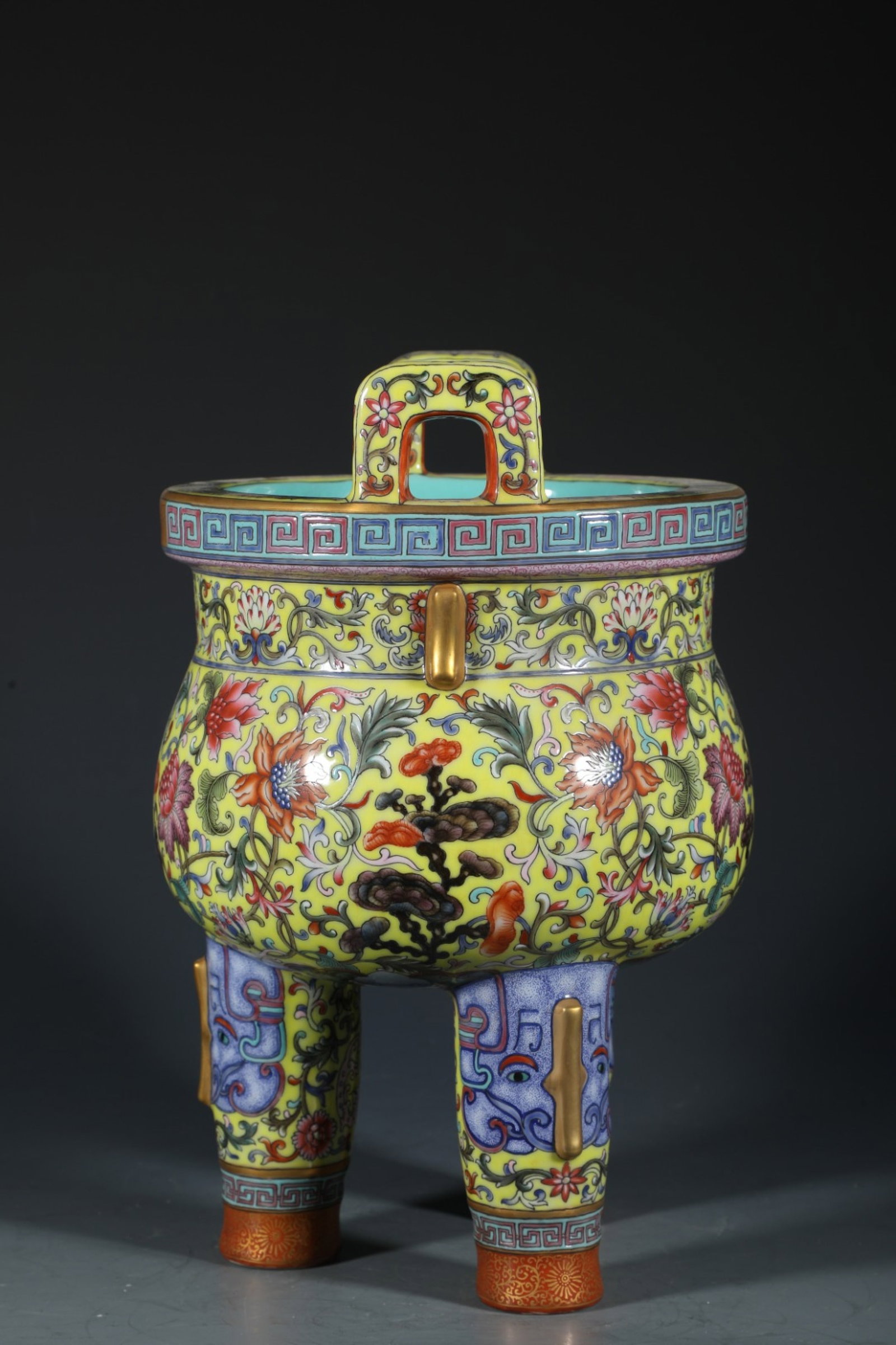 A Rare Yellow Ground Enamel Painted Gold Lotus Pattern Double-Ears Tripod Censer - 6