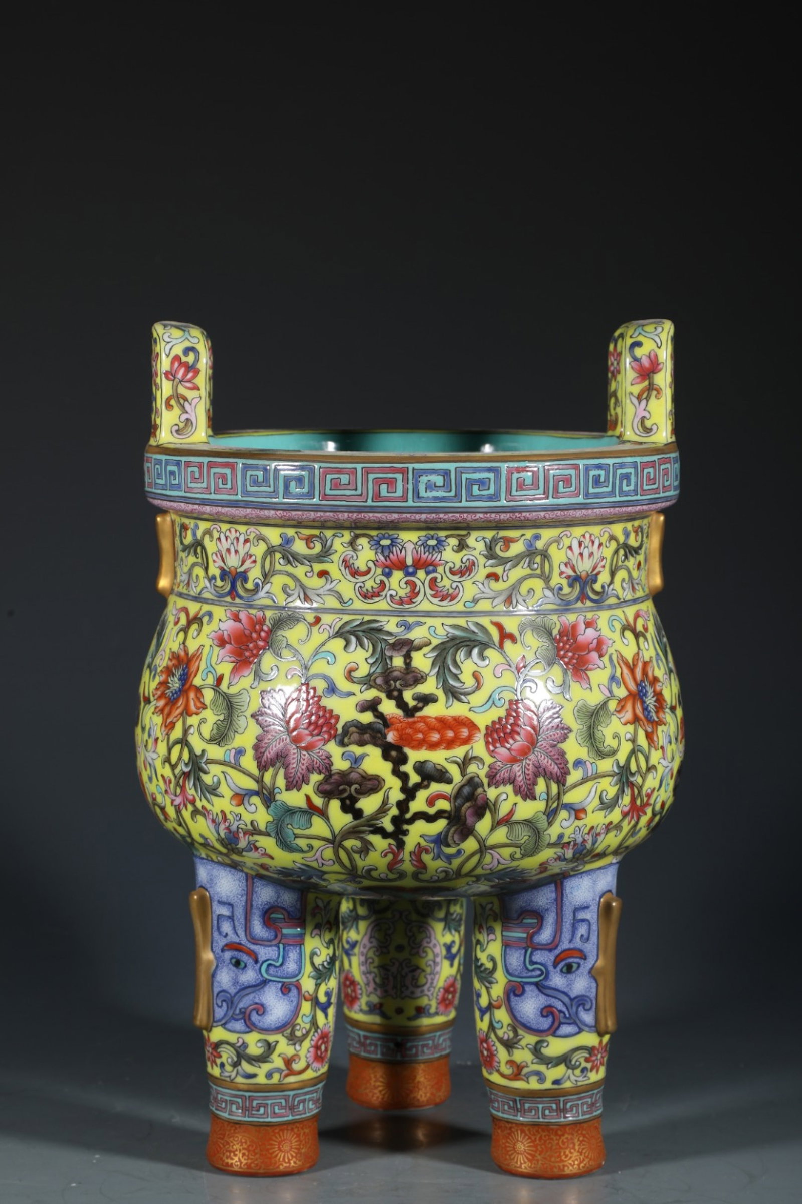 A Rare Yellow Ground Enamel Painted Gold Lotus Pattern Double-Ears Tripod Censer - 7