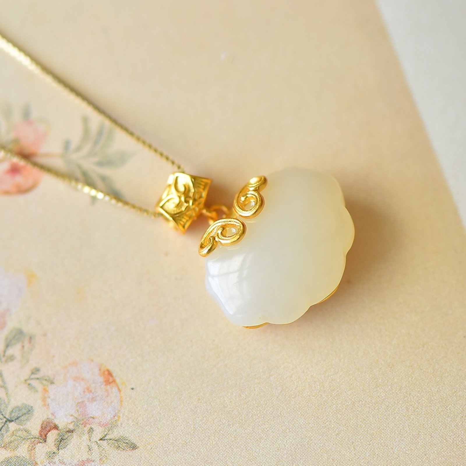 An Exquisite Sterling Silver-Gold Plated Inlaid White Jade Pendant - 2