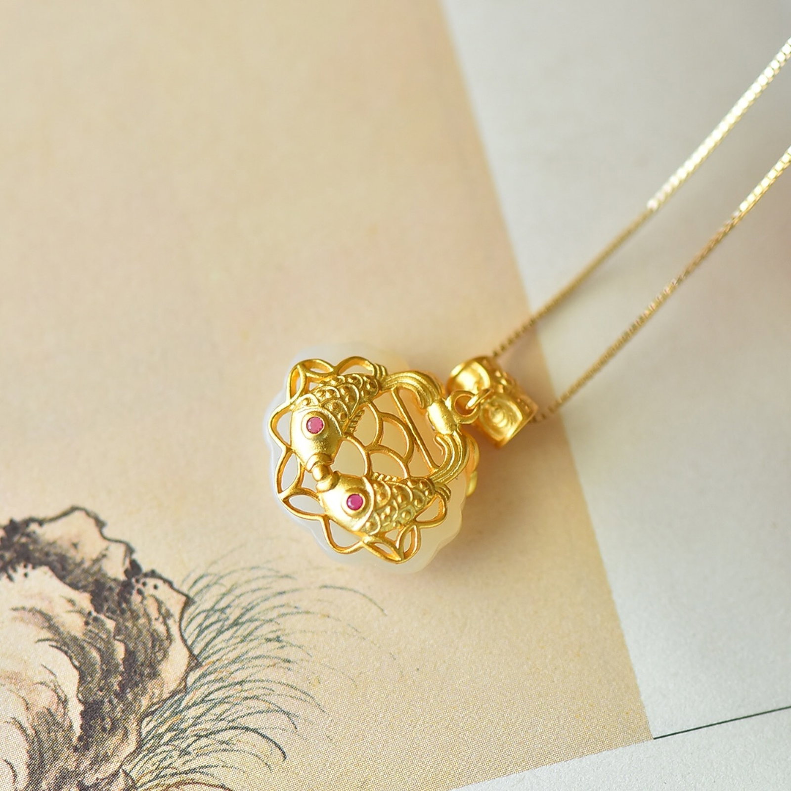 An Exquisite Sterling Silver-Gold Plated Inlaid White Jade Pendant - 3