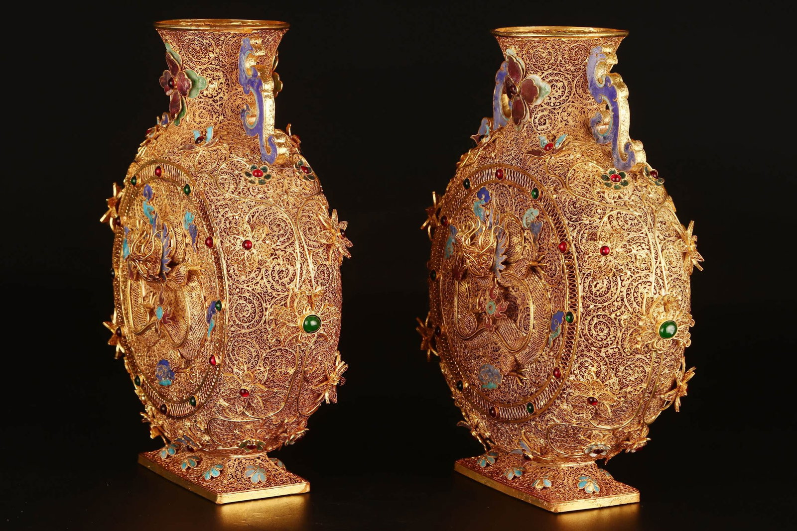 A Pair of Exquisite Filigree and Gilding Auspicious Cloud and Dragon Pattern Double-Ears Vases,In... - 2