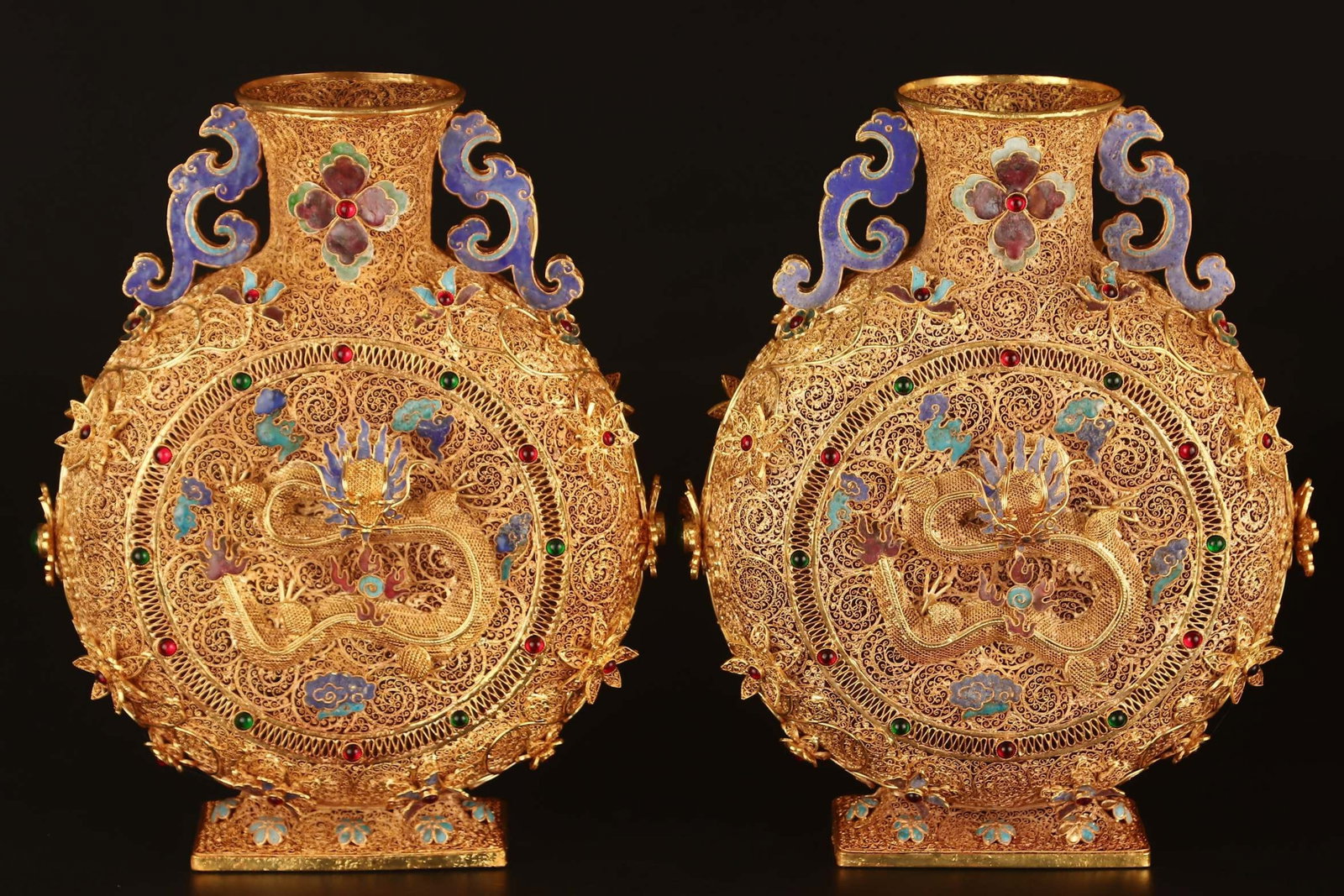A Pair of Exquisite Filigree and Gilding Auspicious Cloud and Dragon Pattern Double-Ears Vases,In... - 3