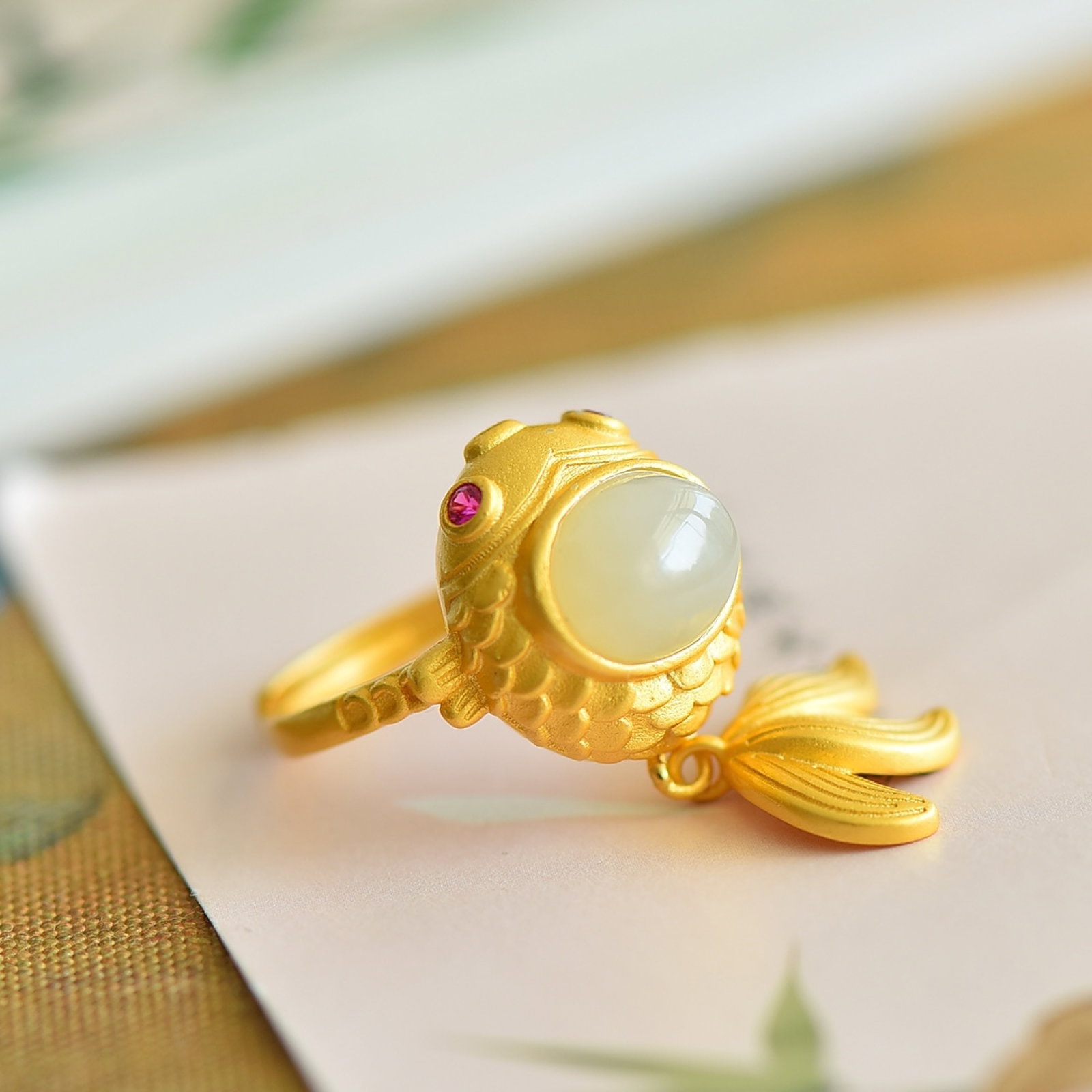 An Exquisite Sterling Silver-Gold Plated Inlaid White Jade Ring - 4