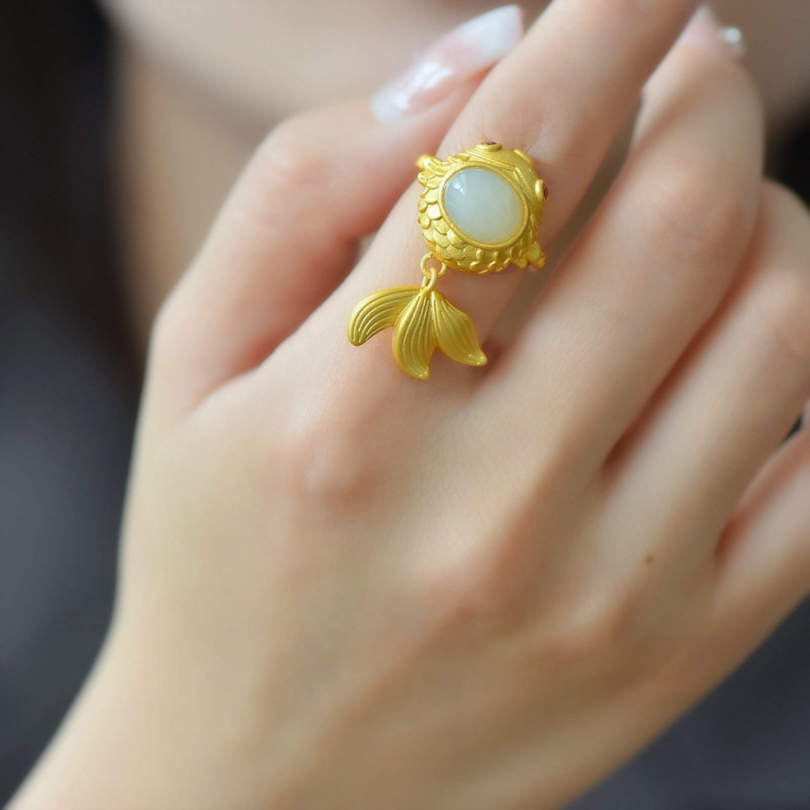 An Exquisite Sterling Silver-Gold Plated Inlaid White Jade Ring - 6