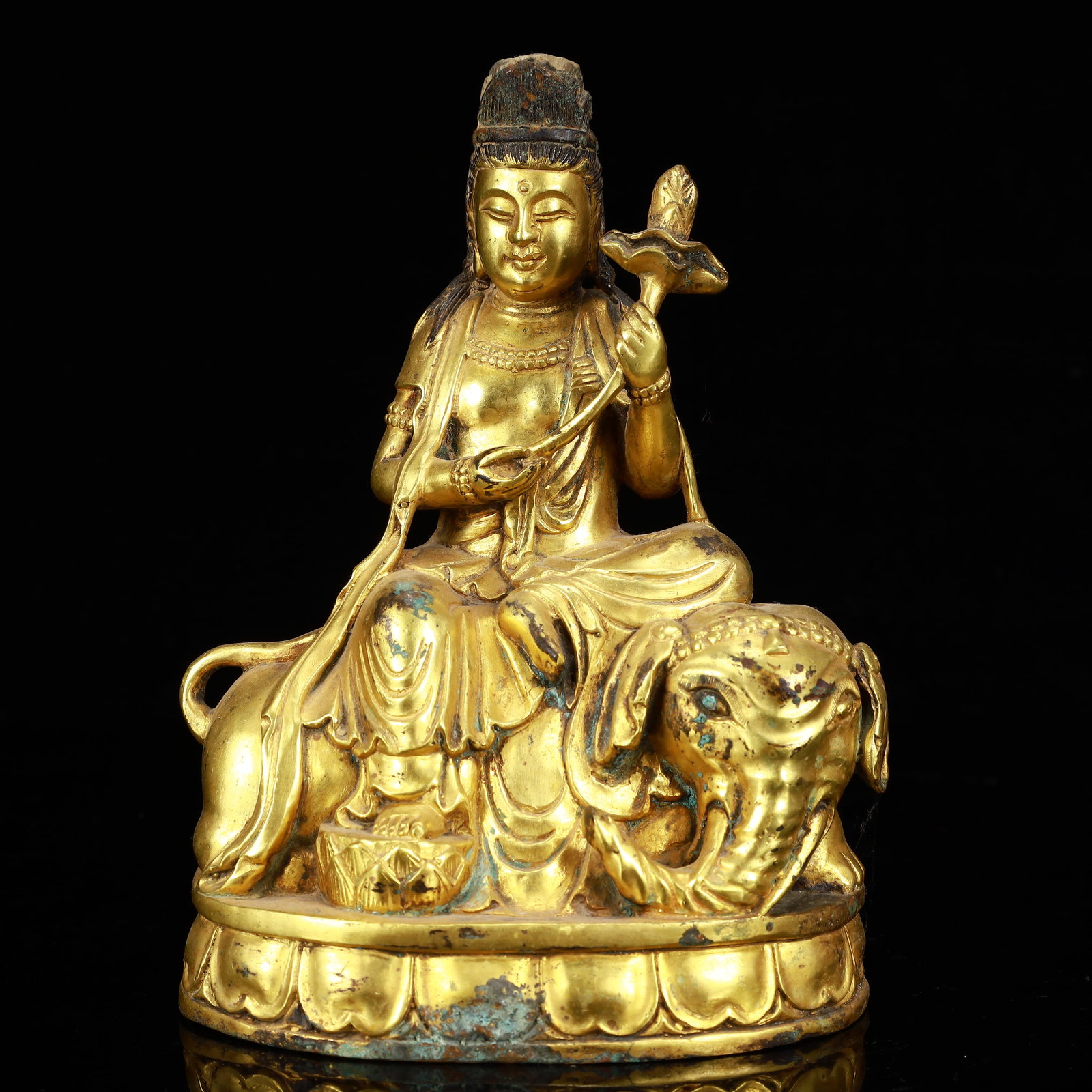 A Solemn Gilt Bronze Statue of Samantabhadra: Estimated Value:2400-4800 A Solemn Gilt Bronze Statue of Samantabhadra,The Warring States period in China,Size:5.1inx3.5inx7.1in,Weight:1100g