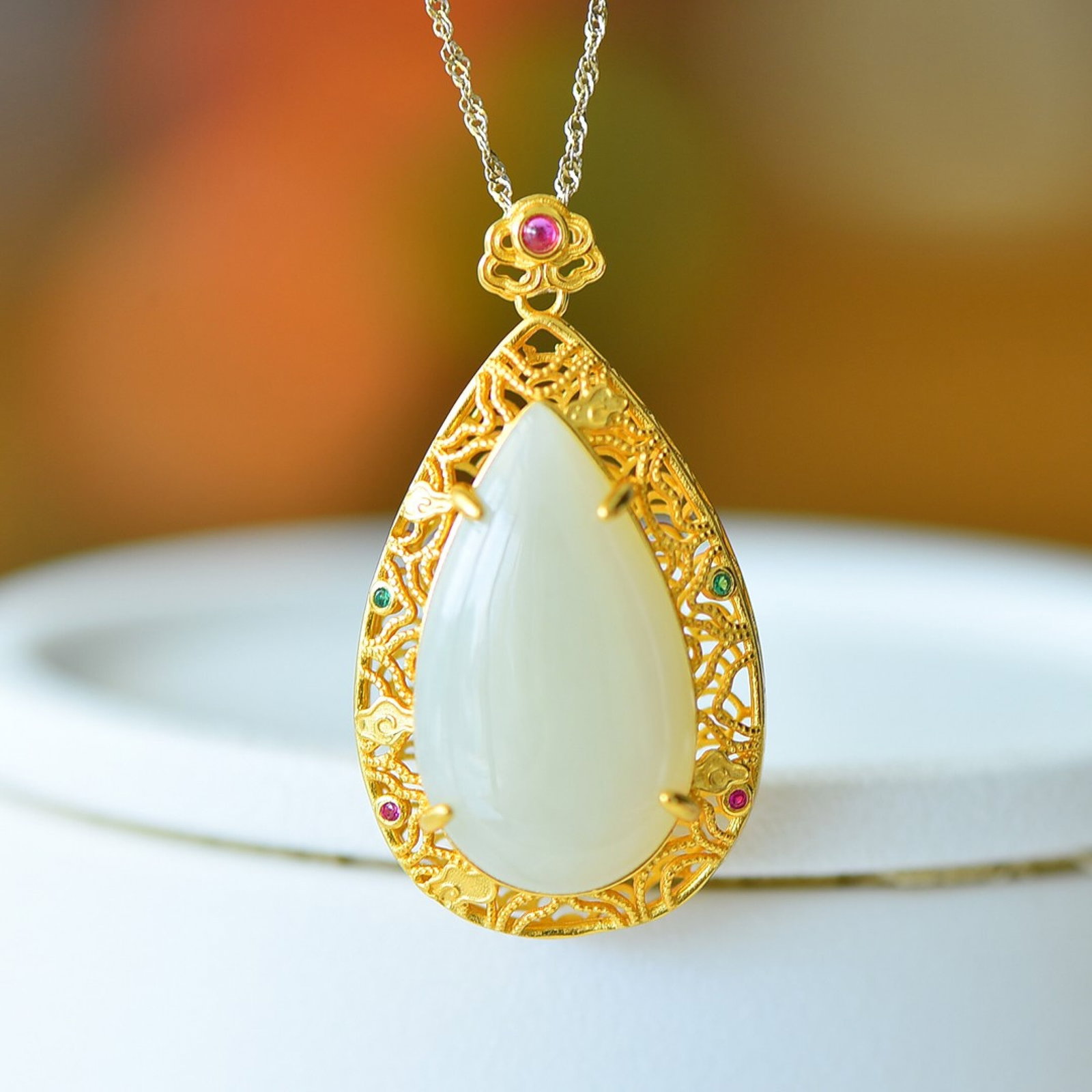 An Exquisite Sterling Silver-Gold Plated Inlaid White Jade Pendant - 2