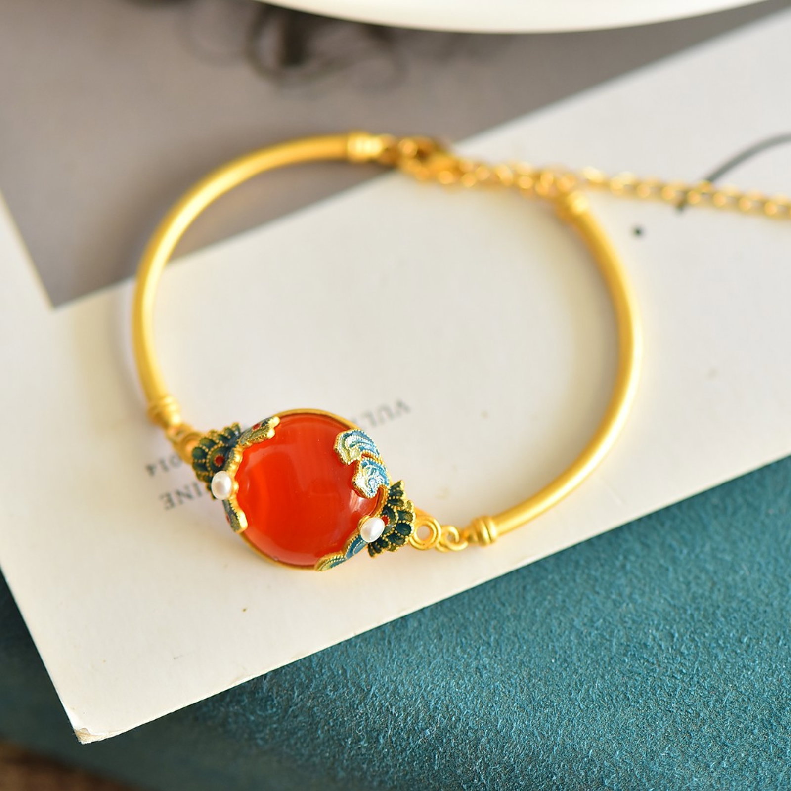 An Exquisite Sterling Silver-Gold Plated Inlaid Agate Enamel Bracelets,Inlaid Pearls - 2