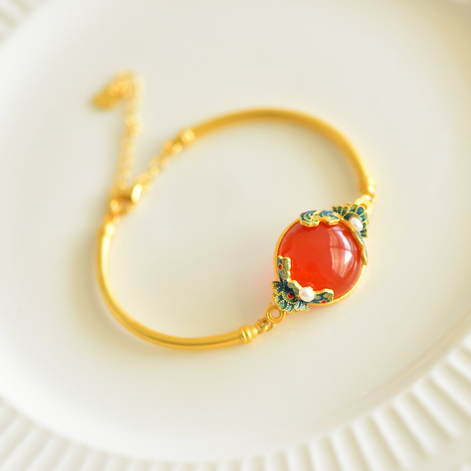 An Exquisite Sterling Silver-Gold Plated Inlaid Agate Enamel Bracelets,Inlaid Pearls - 4