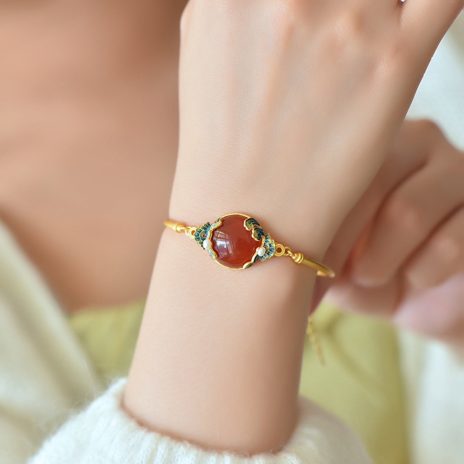 An Exquisite Sterling Silver-Gold Plated Inlaid Agate Enamel Bracelets,Inlaid Pearls - 6