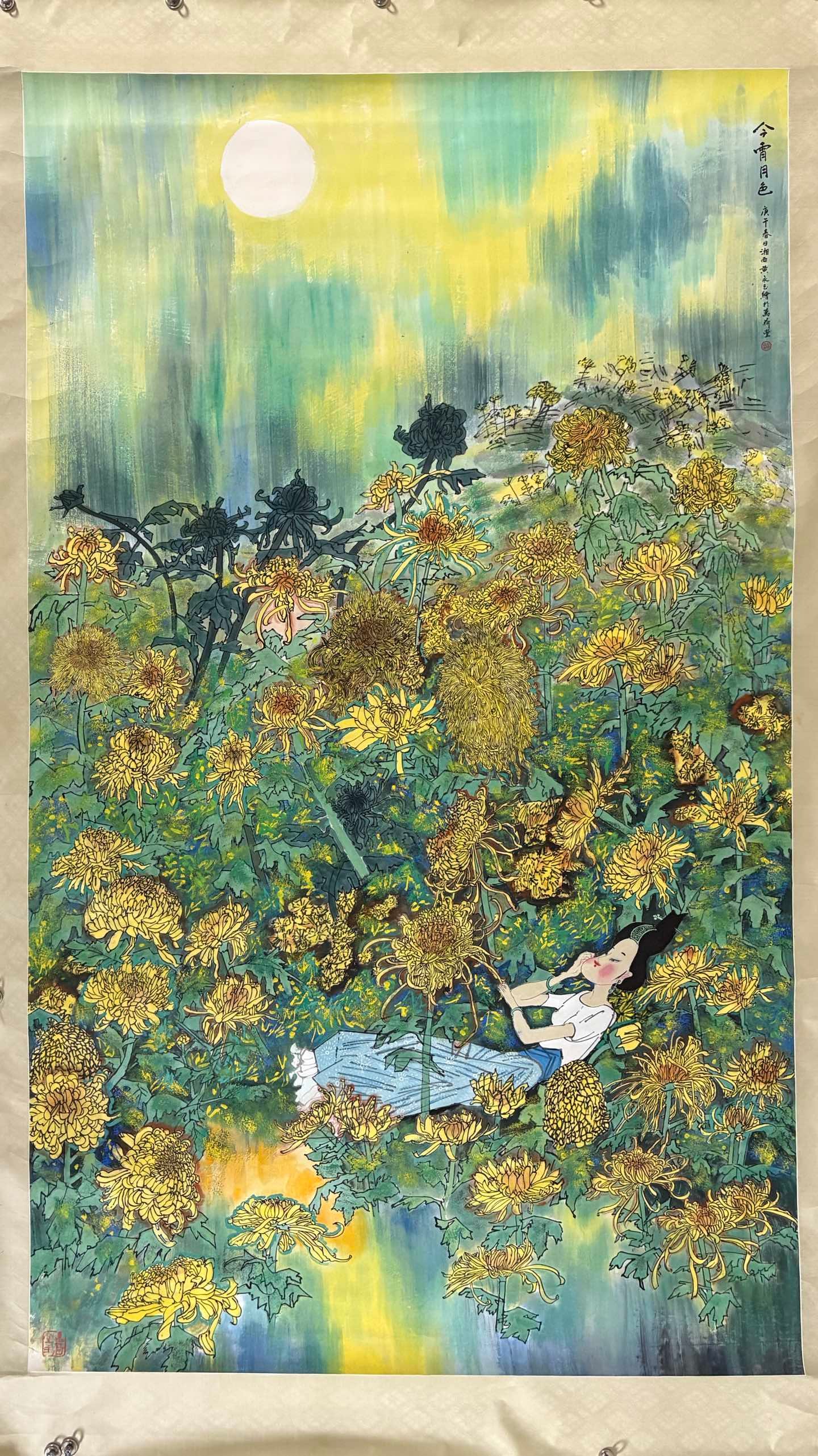 A Chinese Ink Painting of Chrysanthemum and Figure on Paper,Huang Yongyu: Estimated Value:7200-14400 A Chinese Ink Painting of Chrysanthemum and Figure on Paper,Huang Yongyu,Size:59.1inx106.3in