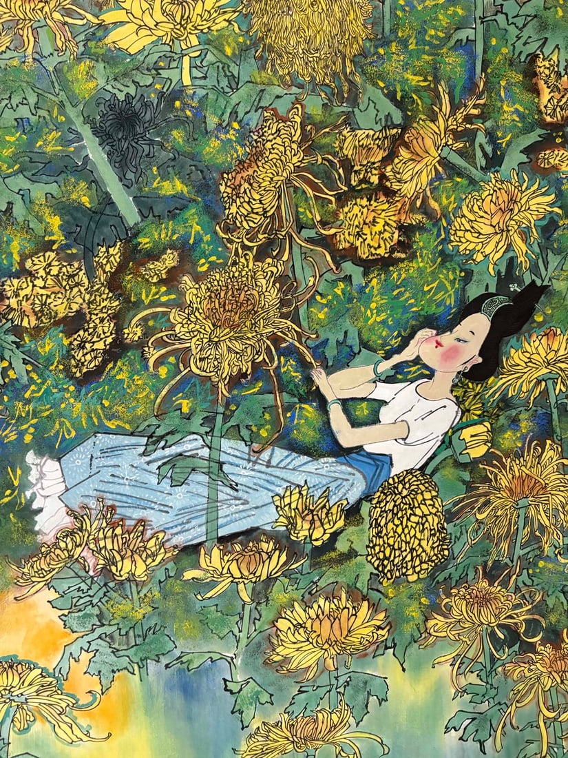 A Chinese Ink Painting of Chrysanthemum and Figure on Paper,Huang Yongyu - 4