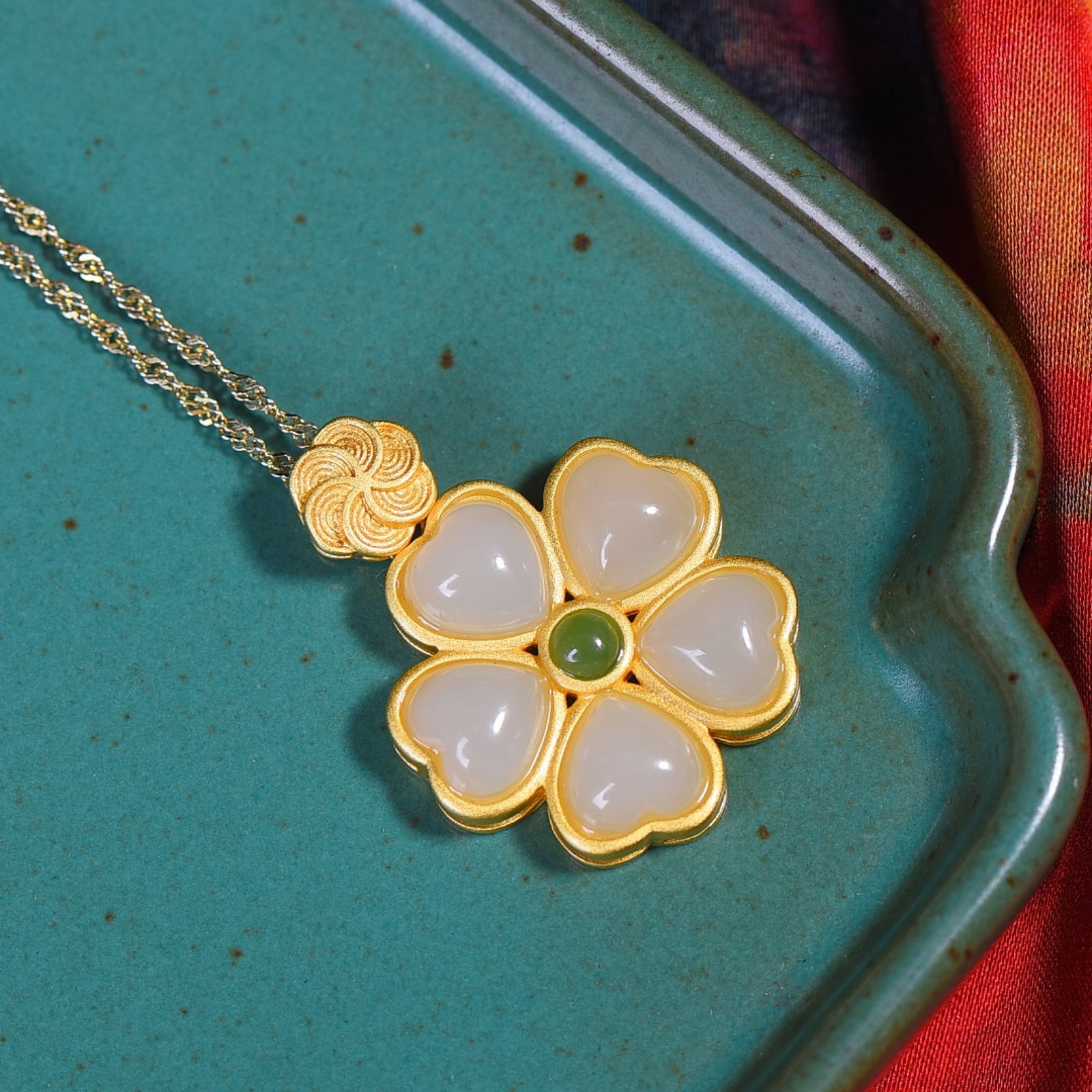 An Exquisite Sterling Silver-Gold Plated Inlaid White Jade Pendant - 4