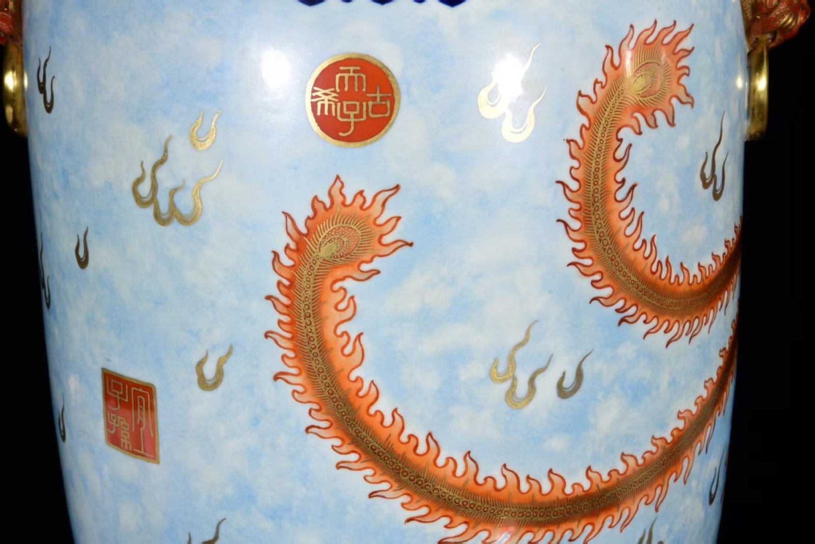 A Pair of Huge Blue and White Jiacai Painted Gold Dragon and Phoenix Pattern Lion-Ears Vases - 12