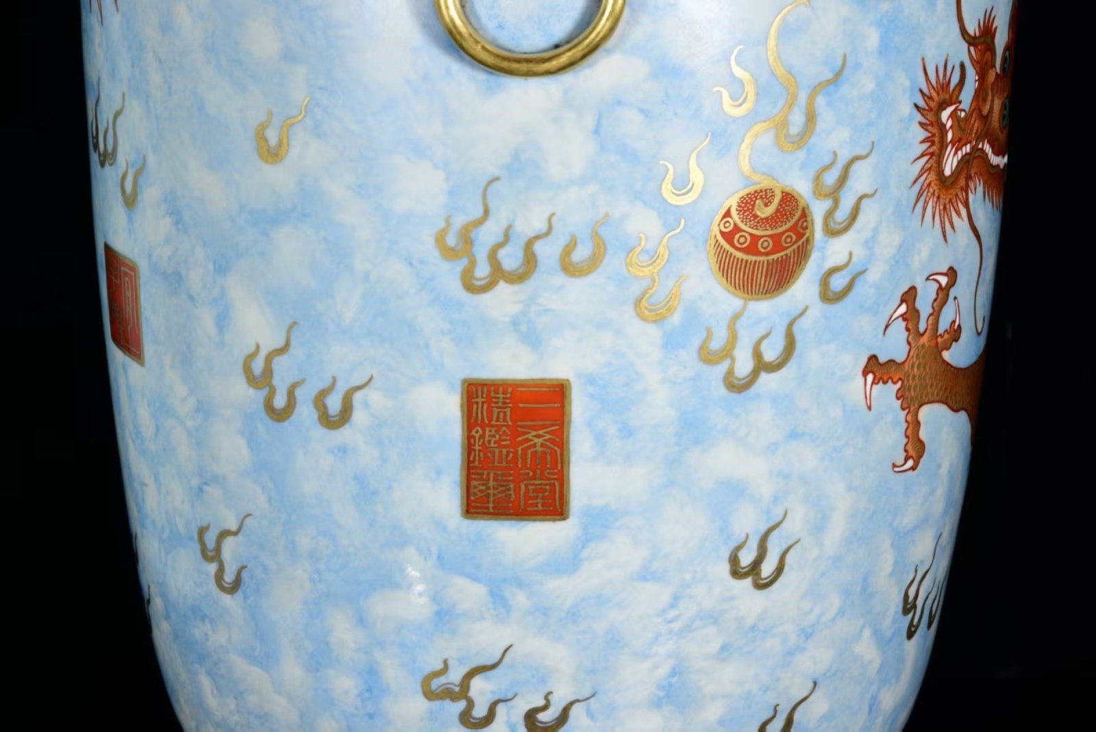 A Pair of Huge Blue and White Jiacai Painted Gold Dragon and Phoenix Pattern Lion-Ears Vases - 13