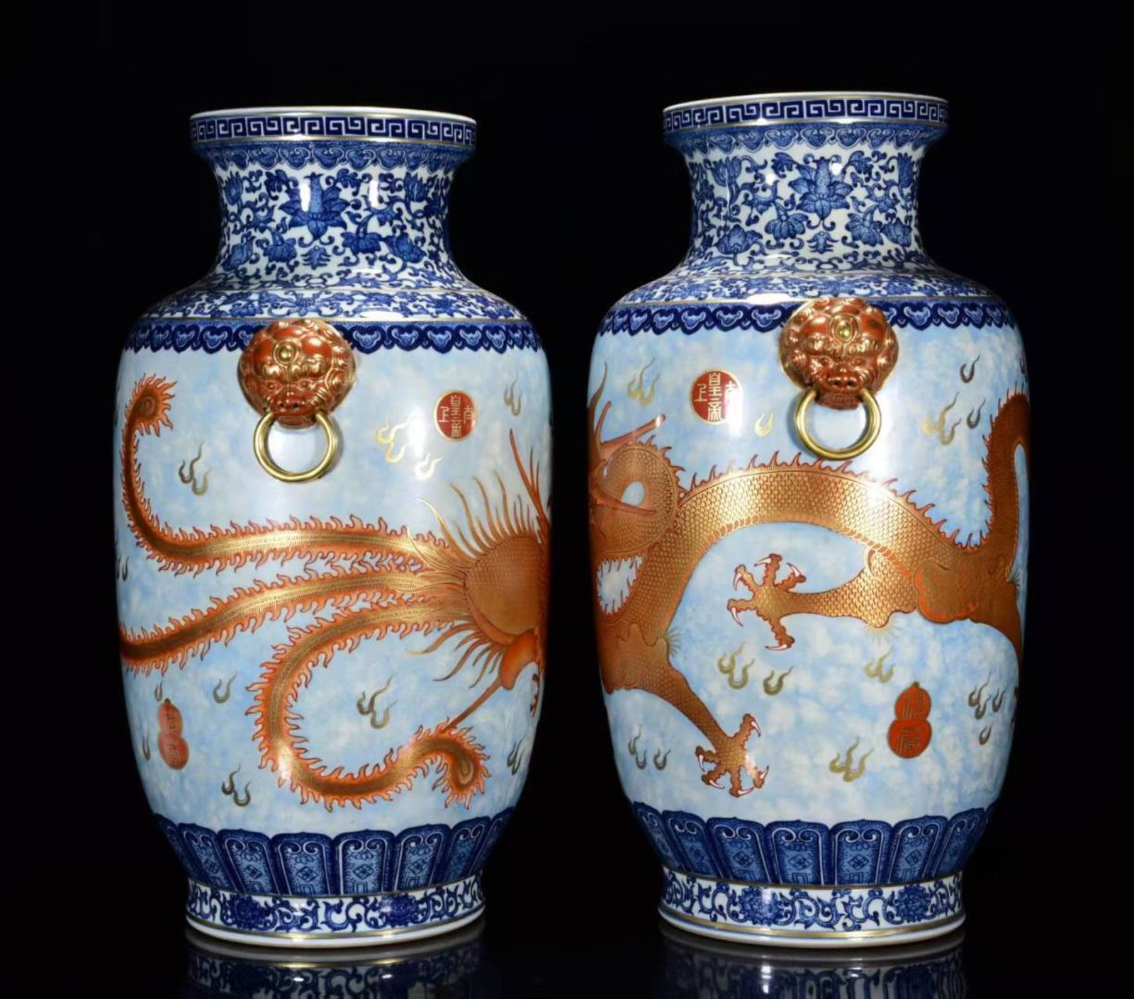A Pair of Huge Blue and White Jiacai Painted Gold Dragon and Phoenix Pattern Lion-Ears Vases - 2