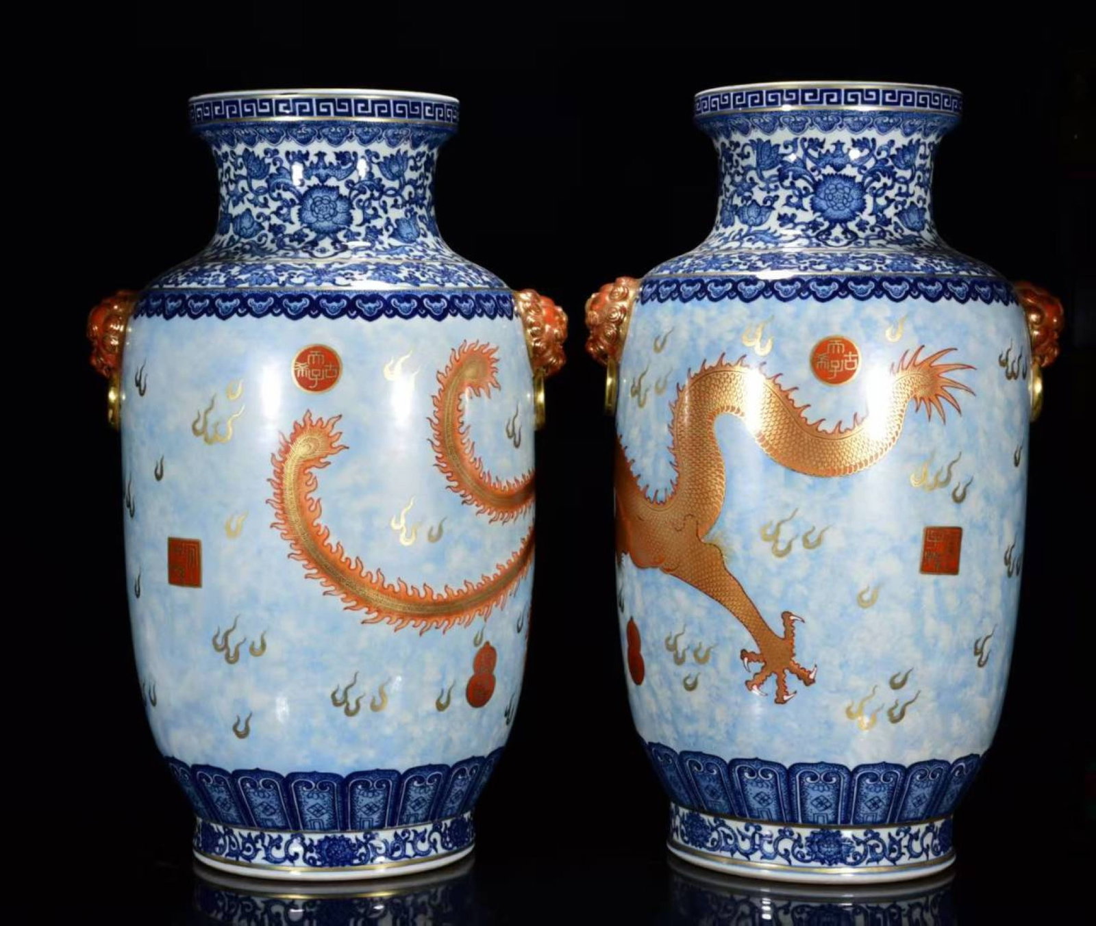 A Pair of Huge Blue and White Jiacai Painted Gold Dragon and Phoenix Pattern Lion-Ears Vases - 3