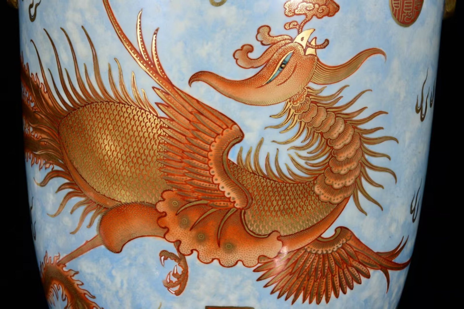 A Pair of Huge Blue and White Jiacai Painted Gold Dragon and Phoenix Pattern Lion-Ears Vases - 5