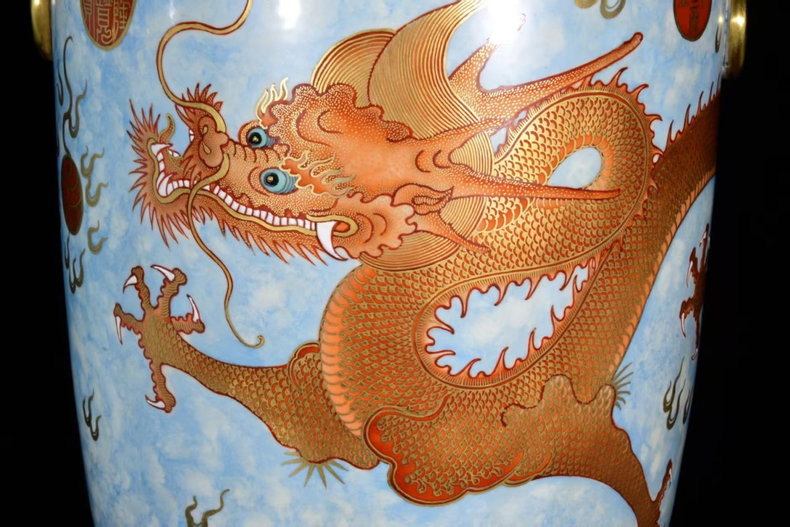 A Pair of Huge Blue and White Jiacai Painted Gold Dragon and Phoenix Pattern Lion-Ears Vases - 6