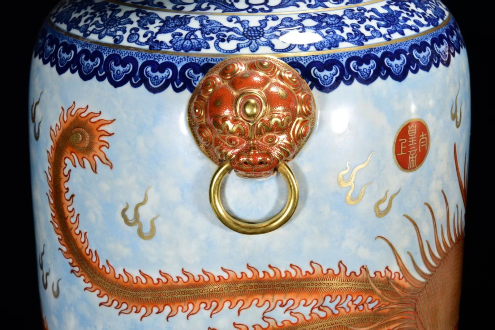 A Pair of Huge Blue and White Jiacai Painted Gold Dragon and Phoenix Pattern Lion-Ears Vases - 7