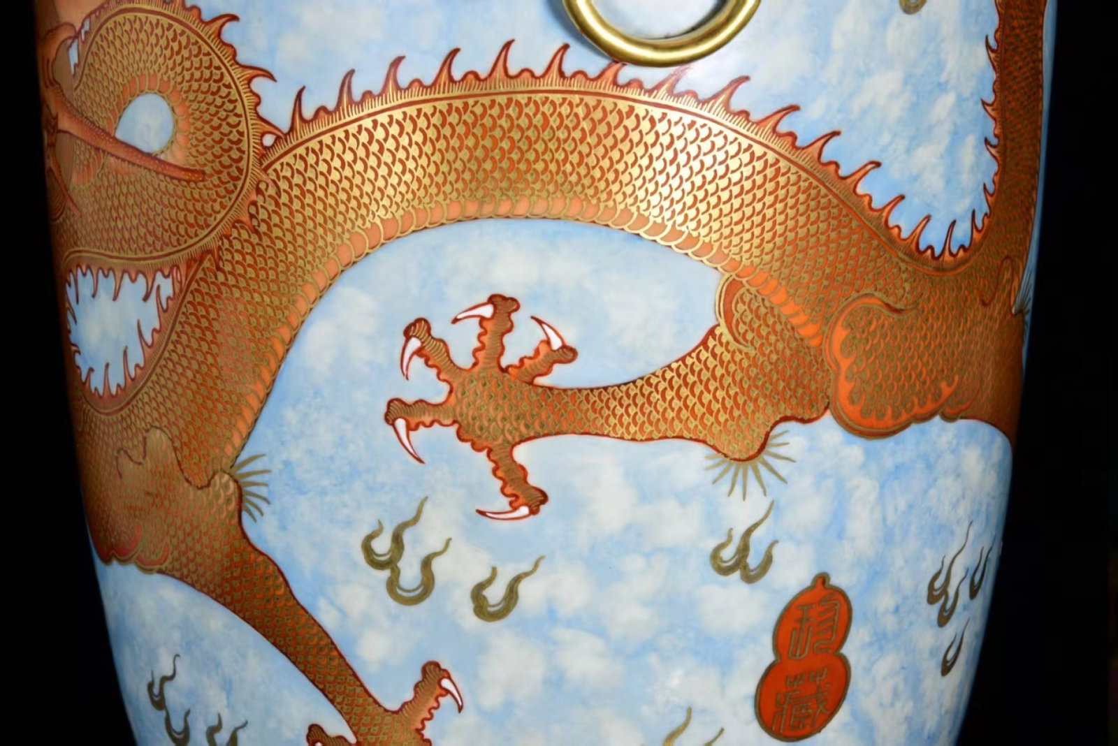 A Pair of Huge Blue and White Jiacai Painted Gold Dragon and Phoenix Pattern Lion-Ears Vases - 8