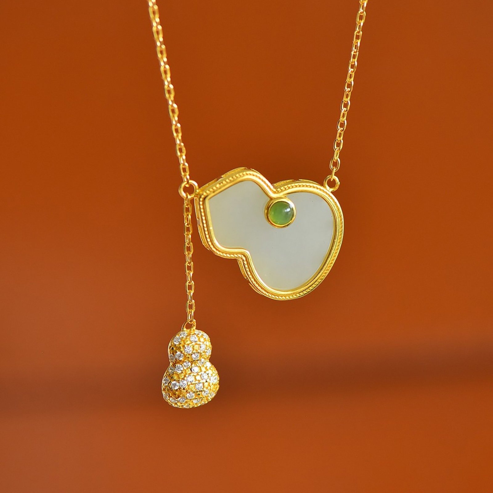 An Exquisite Sterling Silver-Gold Plated Inlaid White Jade Gourd Pendant,Inlaid Diamonds - 2
