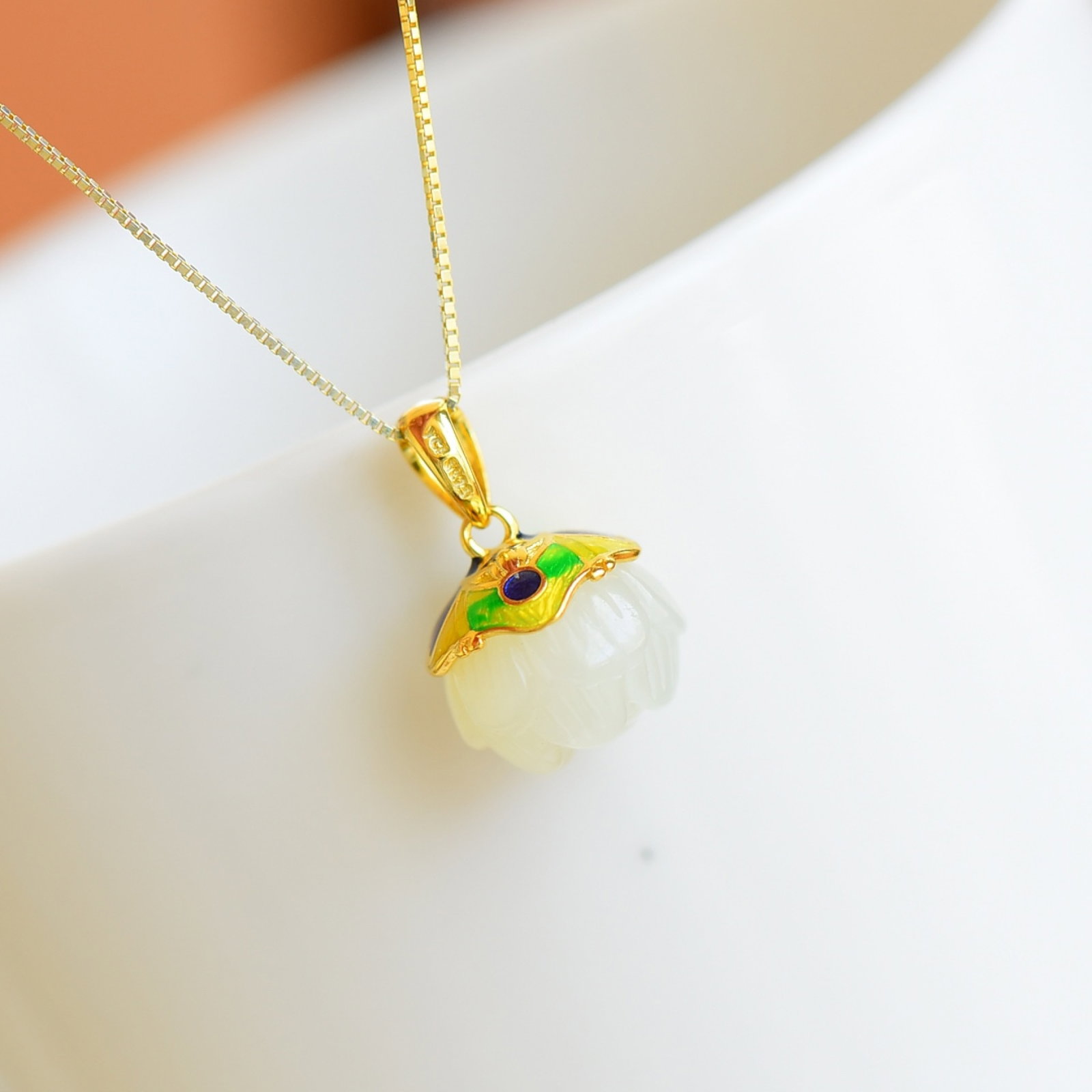 An Exquisite Sterling Silver-Gold Plated Inlaid White Jade Enamel Pendant - 2