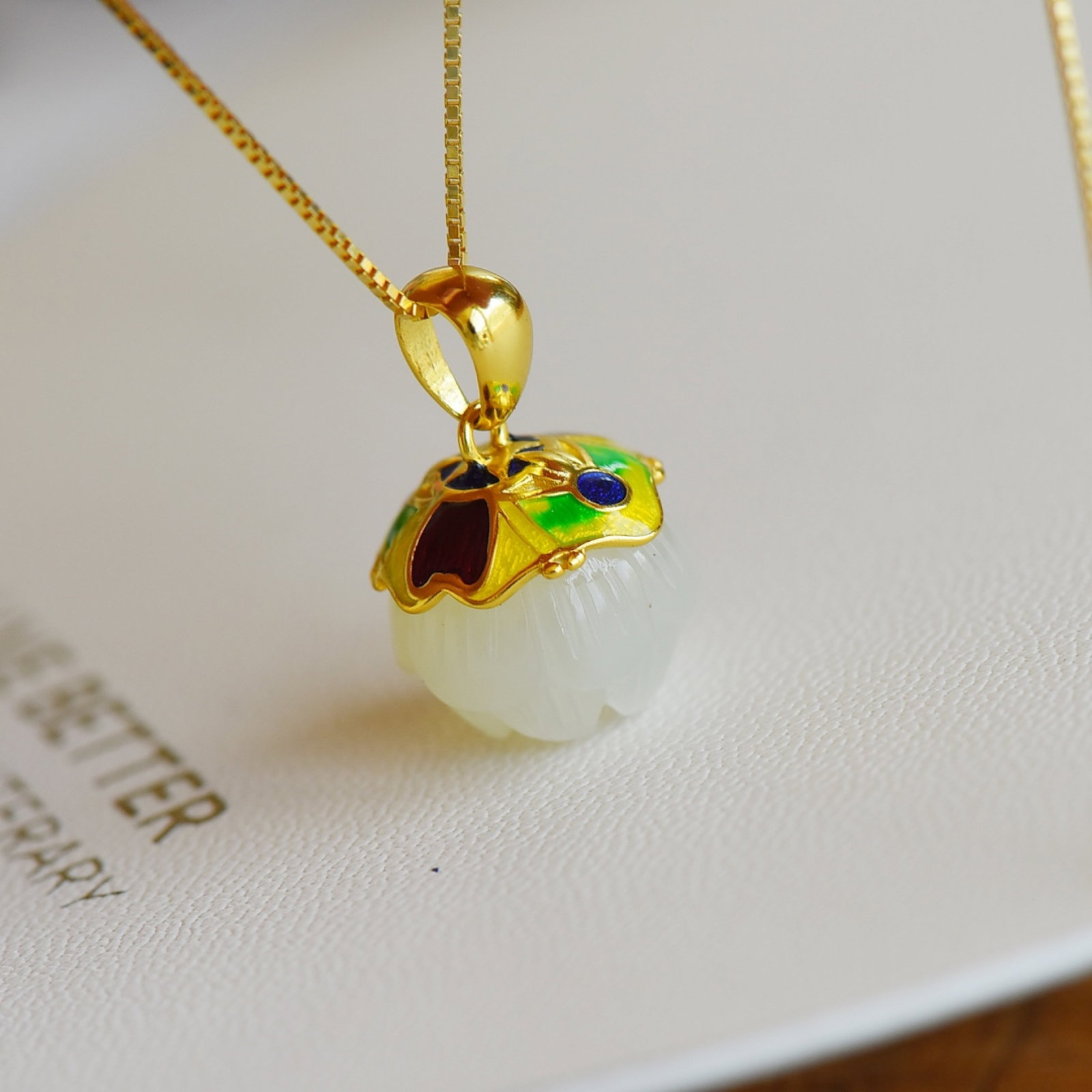 An Exquisite Sterling Silver-Gold Plated Inlaid White Jade Enamel Pendant - 4