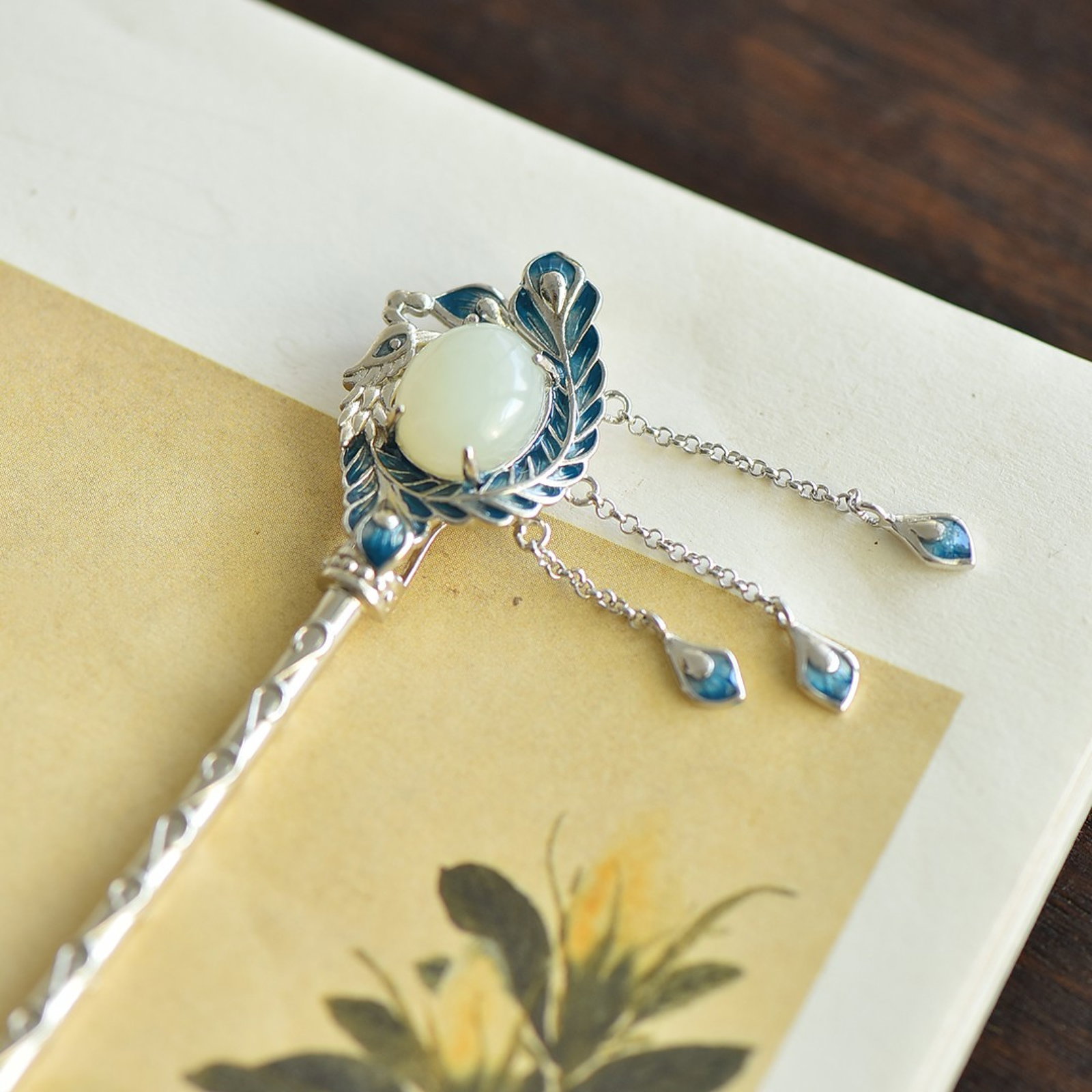 An Exquisite Sterling Silver Inlaid White Jade Hairpin - 2