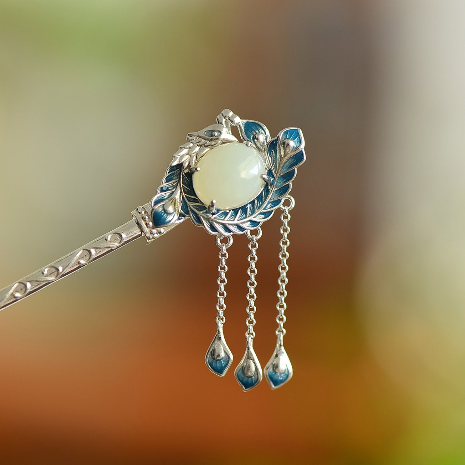 An Exquisite Sterling Silver Inlaid White Jade Hairpin - 3
